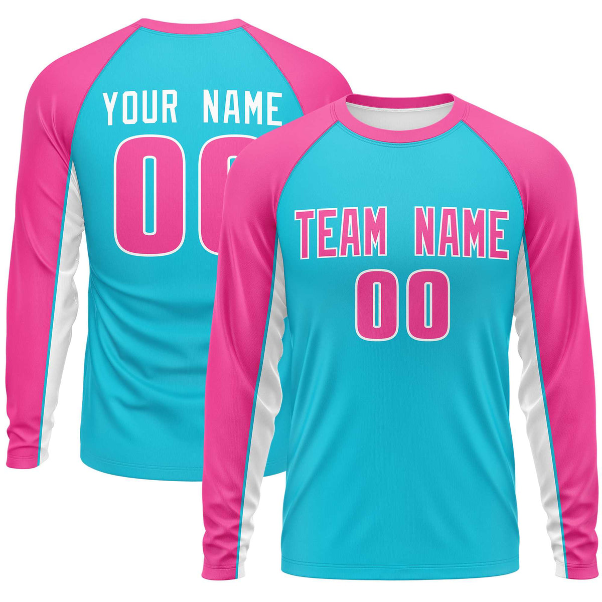 Custom Sky Blue Pink Crew Neck Raglan Long Sleeve Performance T-Shirt | KXKSHOP