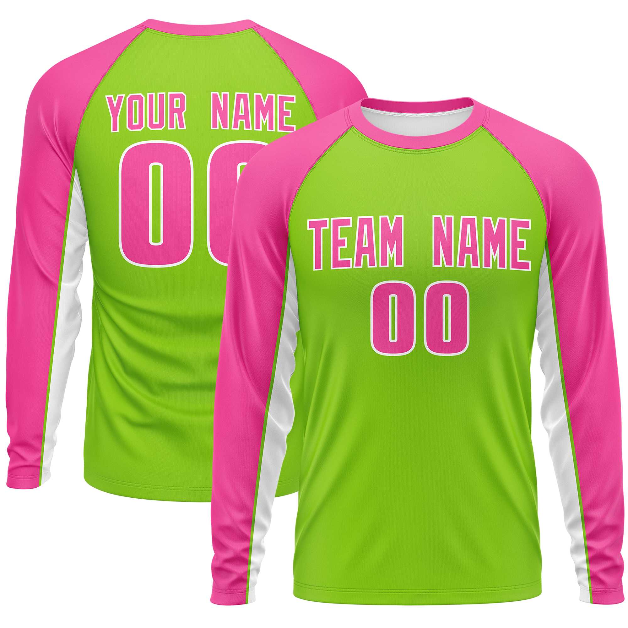 Custom Neon Green Pink Crew Neck Raglan Long Sleeve Performance T-Shirt | KXKSHOP