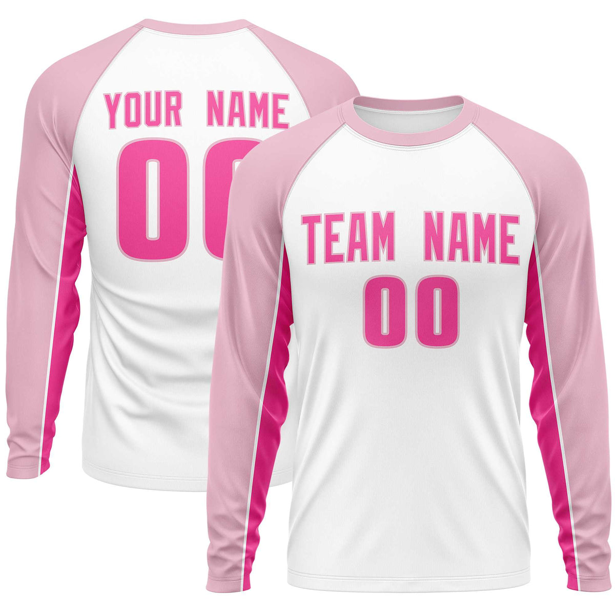 Custom White Light Pink Crew Neck Raglan Long Sleeve Performance T-Shirt | KXKSHOP