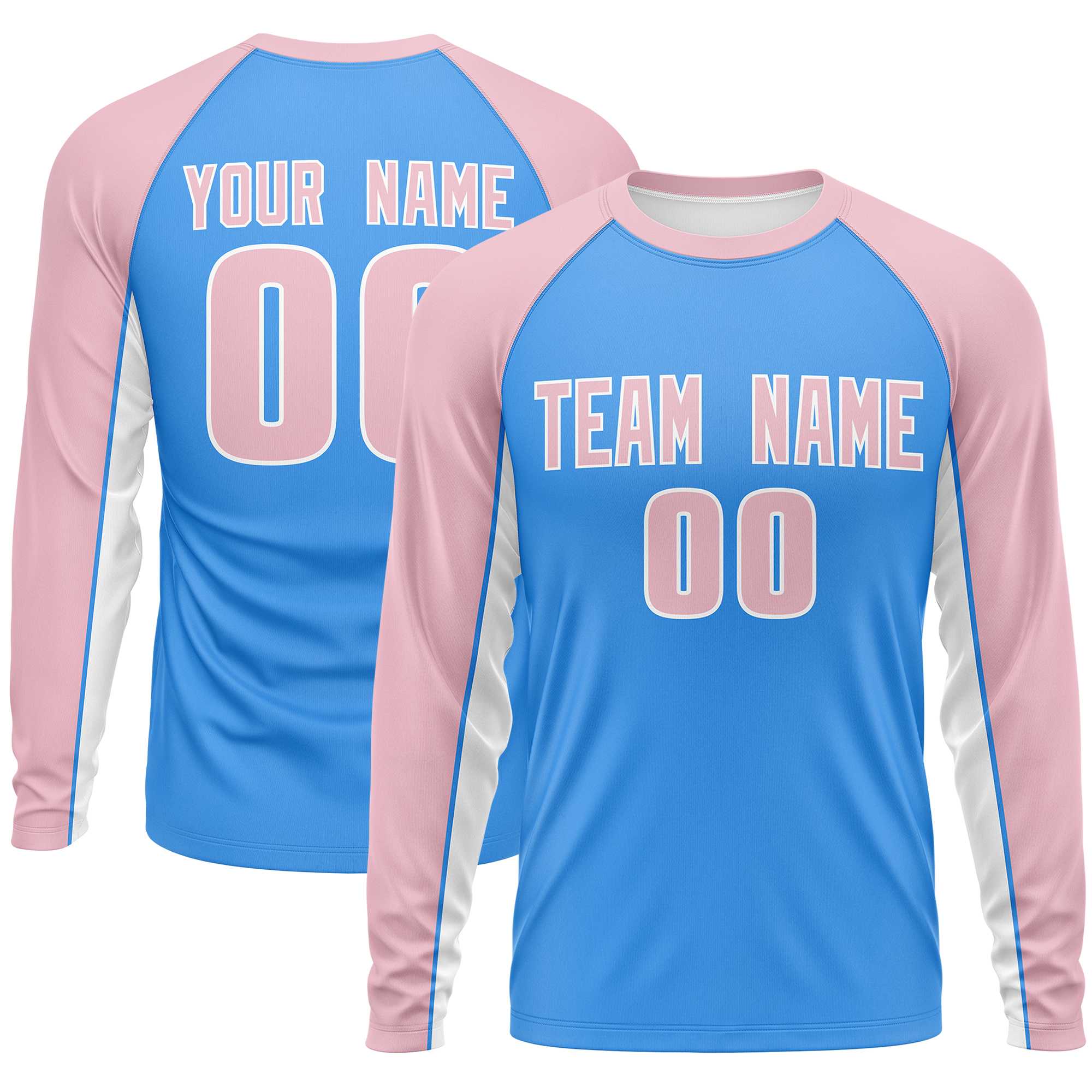 Custom Powder Blue Light Pink Crew Neck Raglan Long Sleeve Performance T-Shirt | KXKSHOP