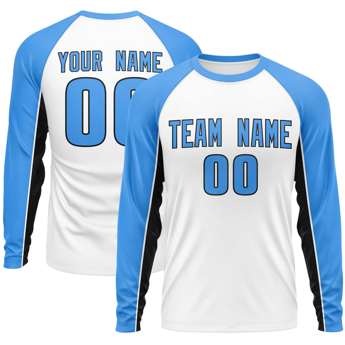 Custom White Powder Blue Crew Neck Raglan Long Sleeve Performance T-Shirt | KXKSHOP