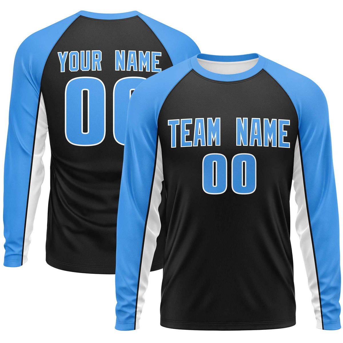 Custom Black Powder Blue Crew Neck Raglan Long Sleeve Performance T-Shirt | KXKSHOP