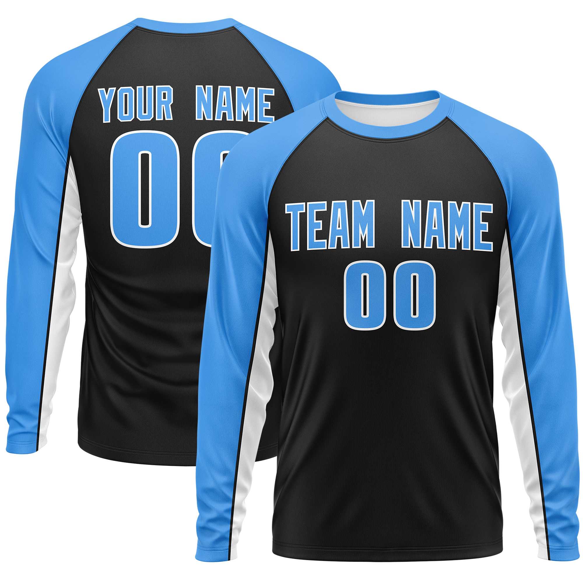 Custom Black Powder Blue Crew Neck Raglan Long Sleeve Performance T-Shirt | KXKSHOP