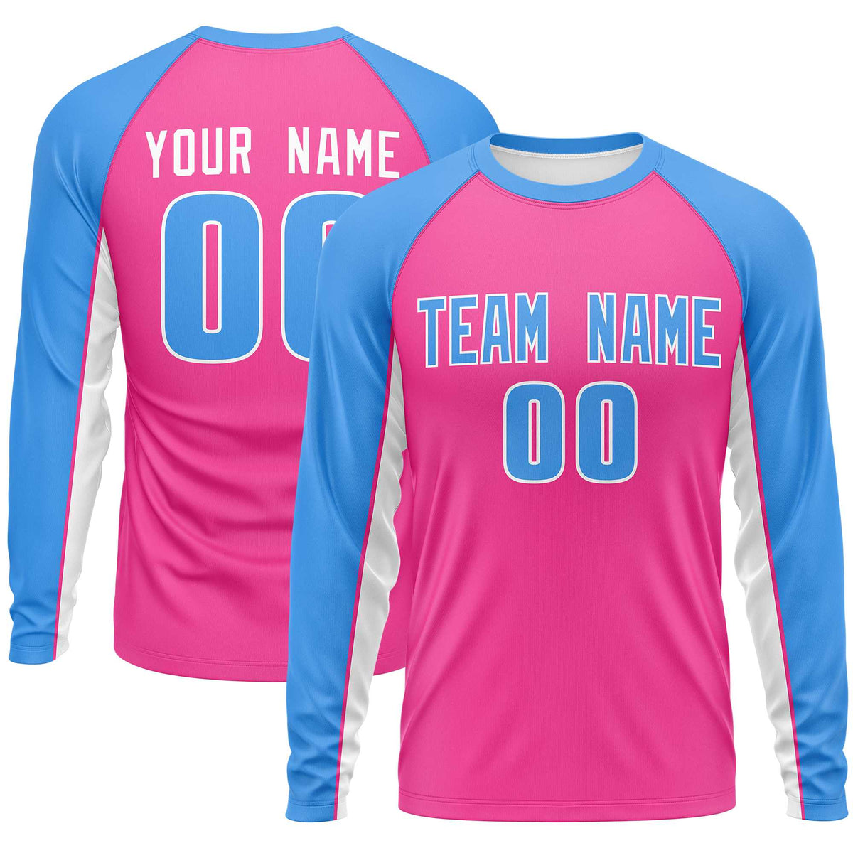 Custom Pink Powder Blue Crew Neck Raglan Long Sleeve Performance T-Shirt | KXKSHOP