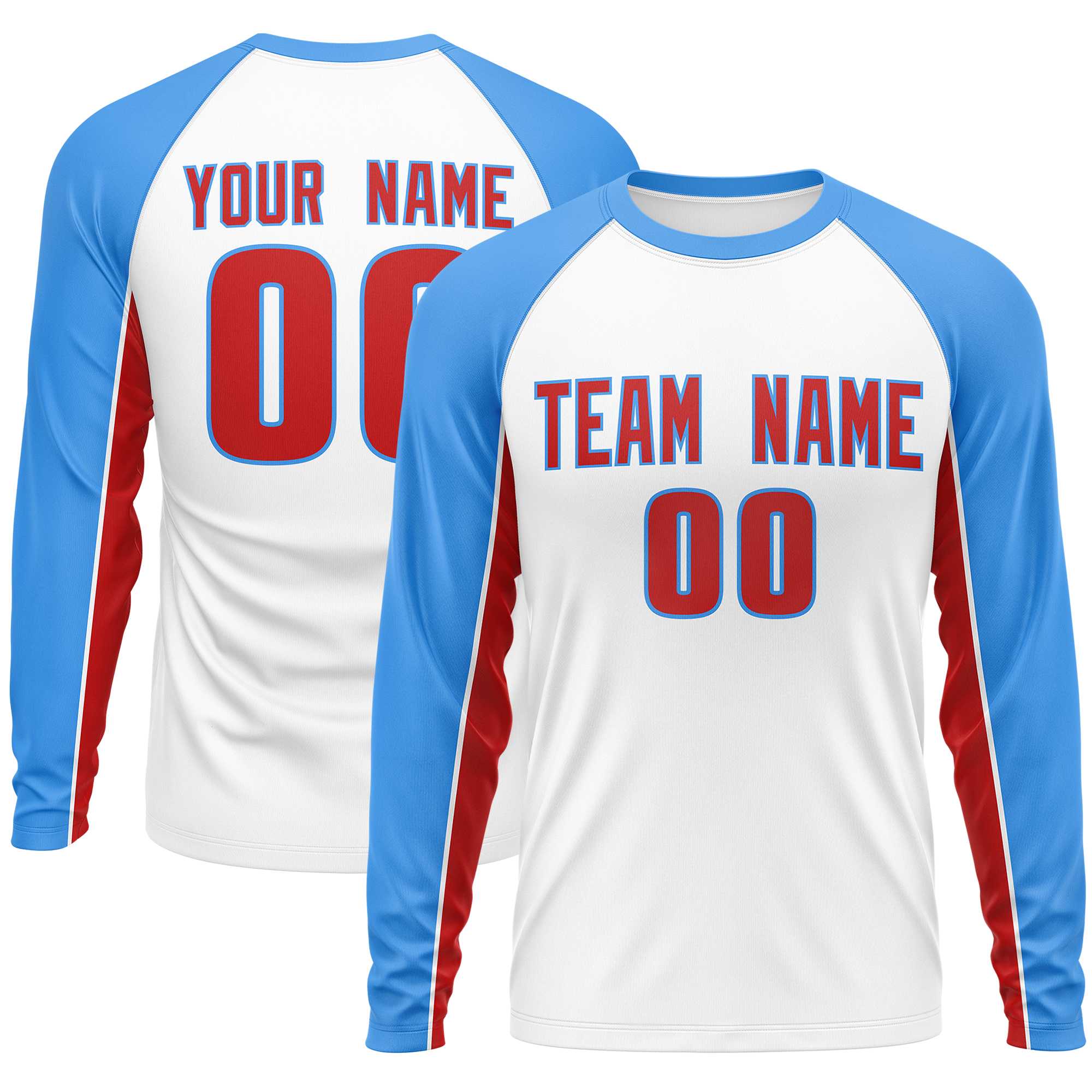 Custom White Powder Blue Crew Neck Raglan Long Sleeve Performance T-Shirt | KXKSHOP