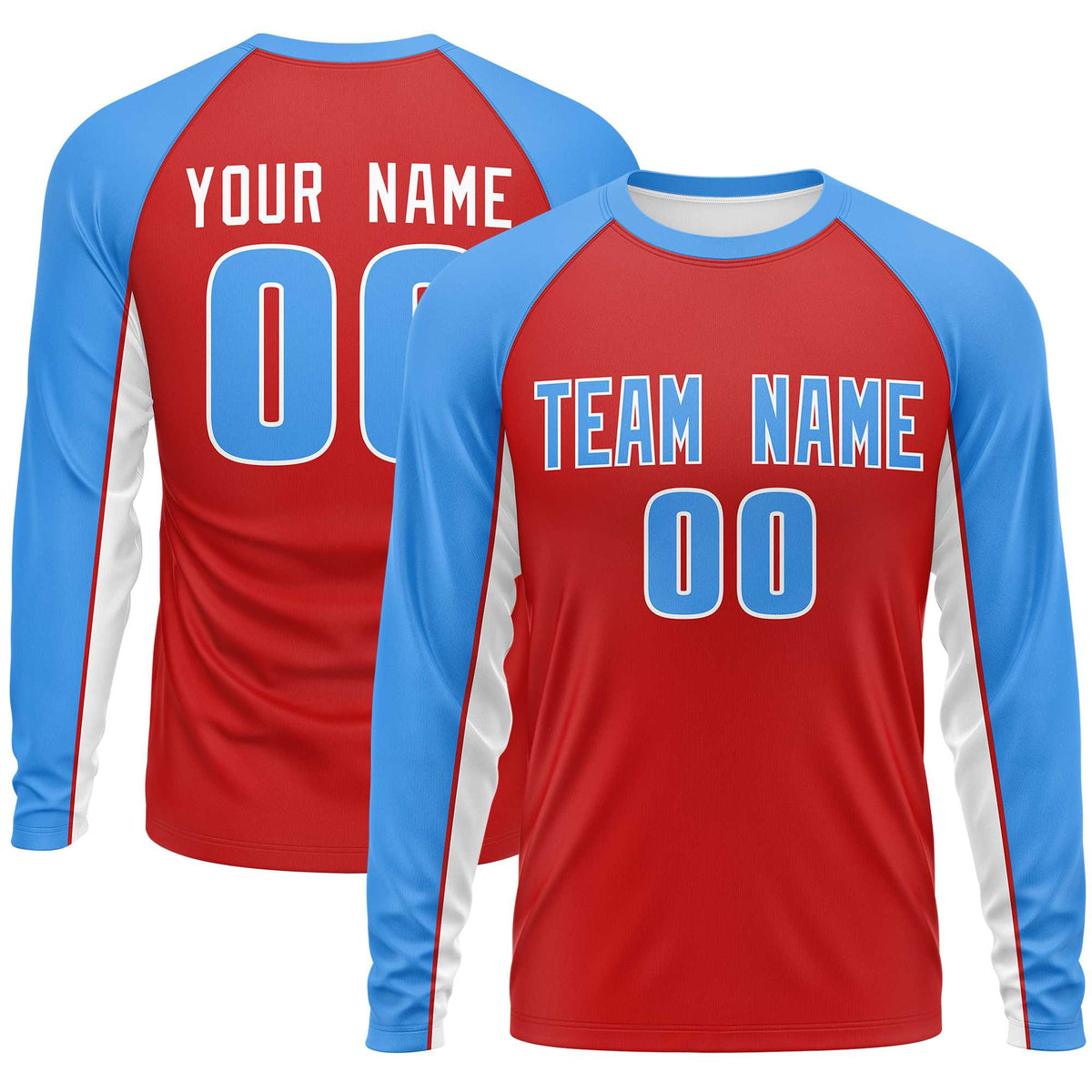 Custom Red Powder Blue Crew Neck Raglan Long Sleeve Performance T-Shirt | KXKSHOP