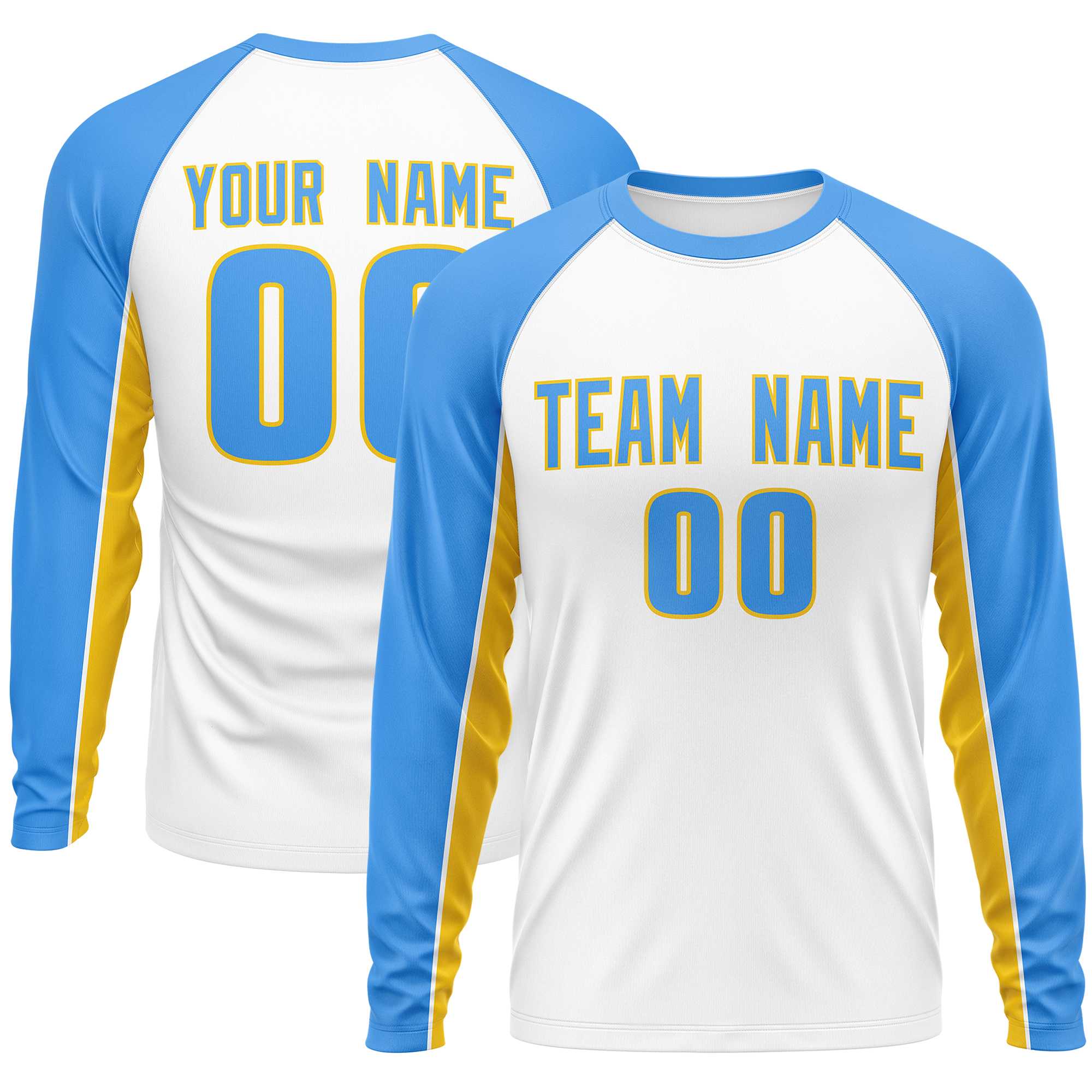 Custom White Powder Blue Crew Neck Raglan Long Sleeve Performance T-Shirt | KXKSHOP