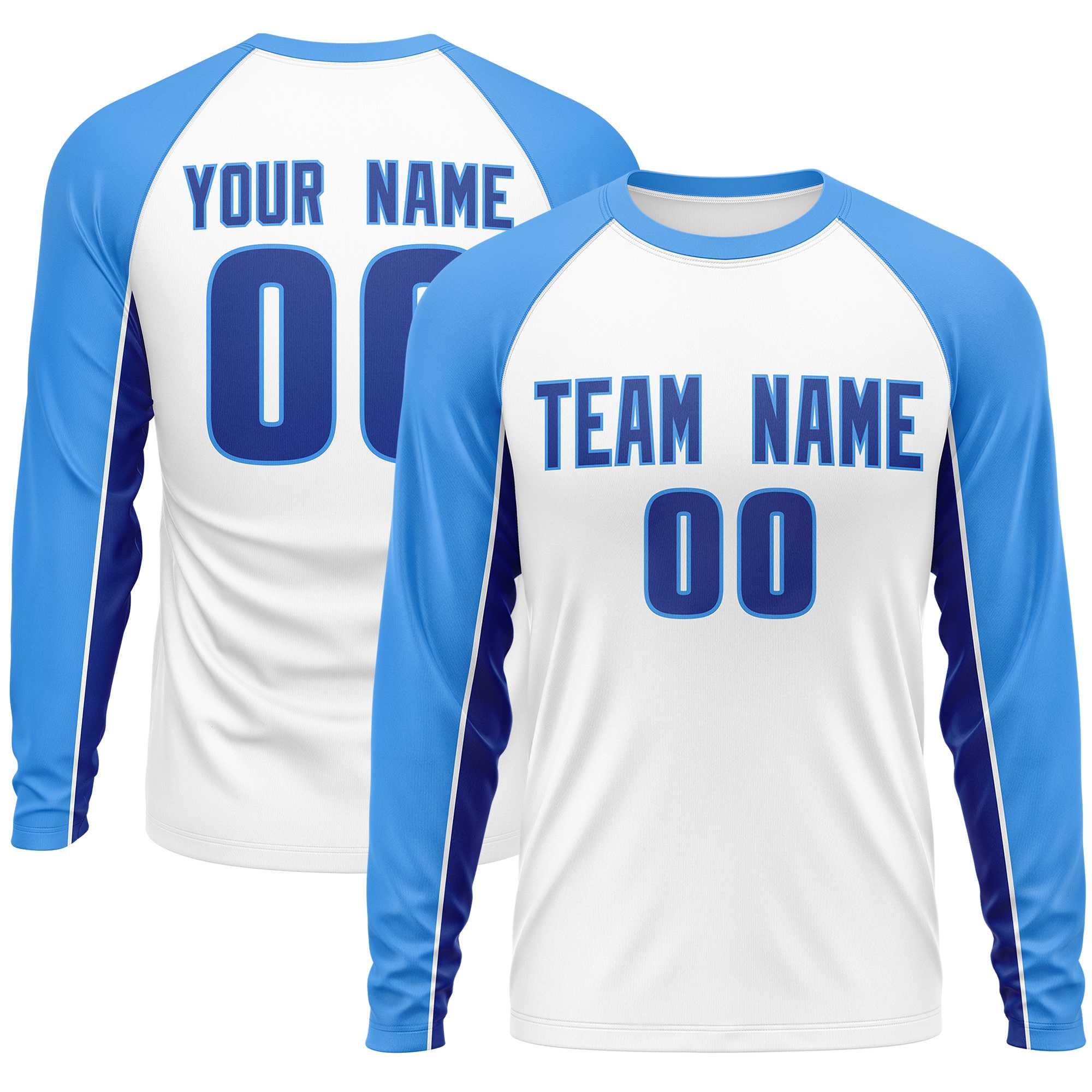 Custom White Powder Blue Crew Neck Raglan Long Sleeve Performance T-Shirt | KXKSHOP