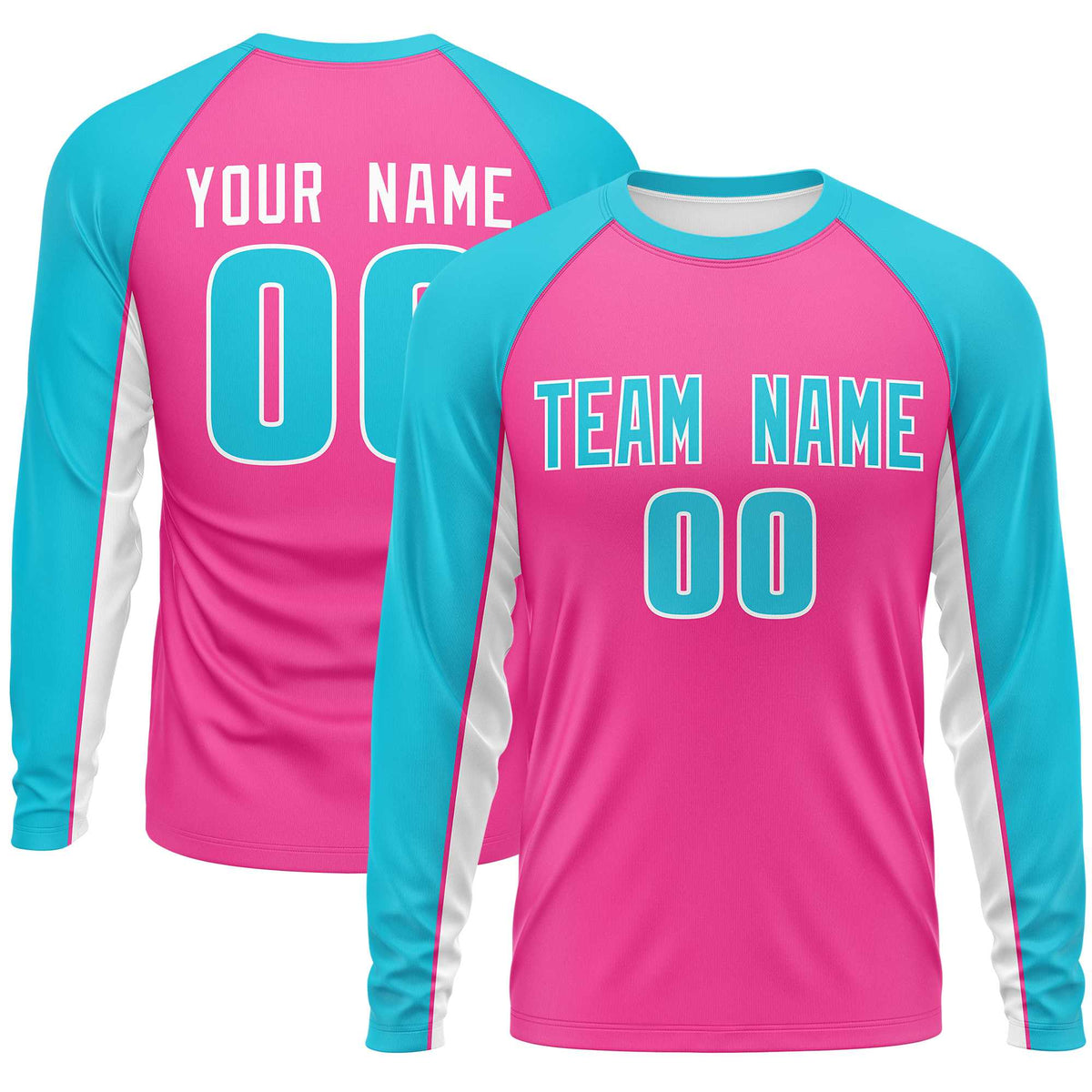 Custom Pink Sky Blue Crew Neck Raglan Long Sleeve Performance T-Shirt | KXKSHOP