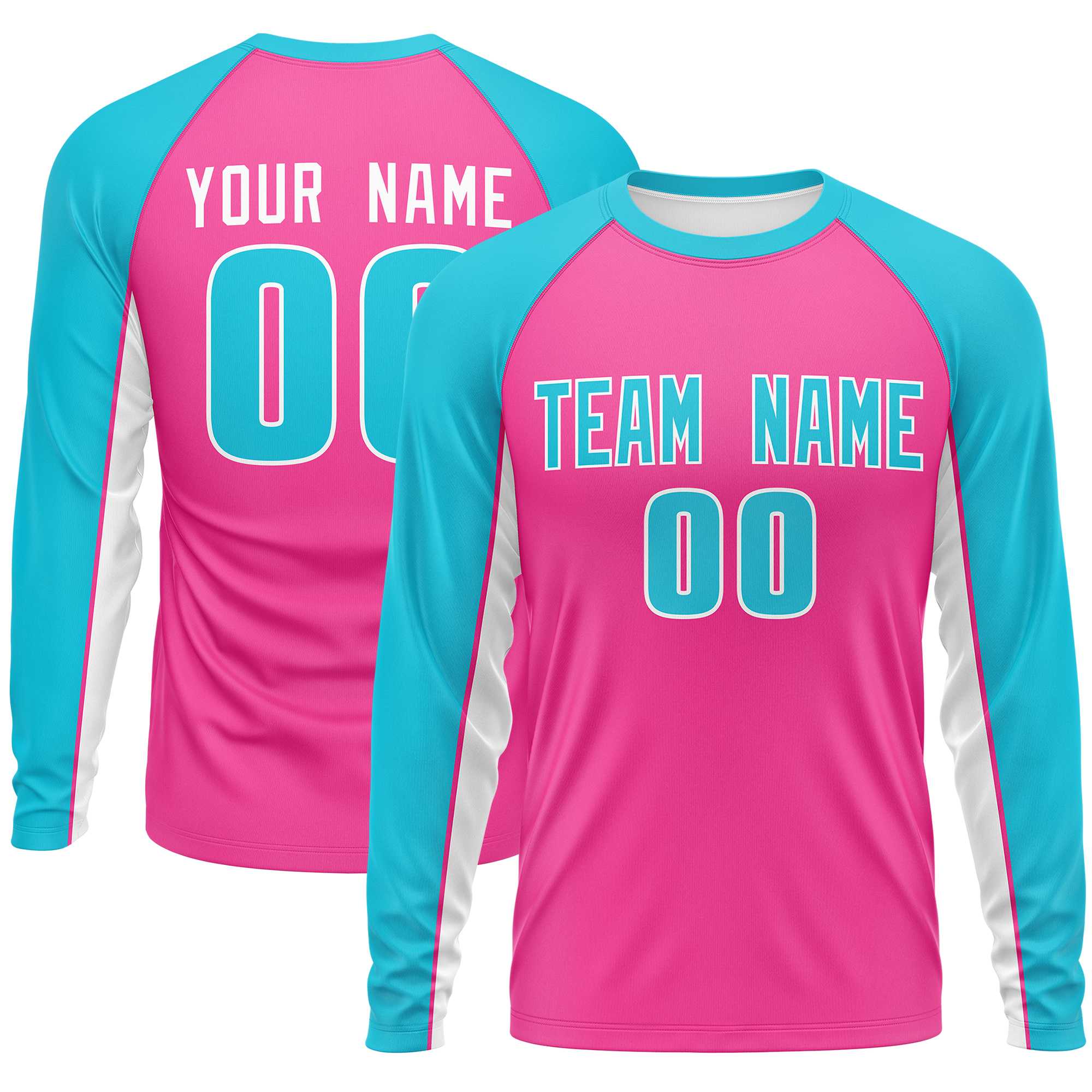 Custom Pink Sky Blue Crew Neck Raglan Long Sleeve Performance T-Shirt | KXKSHOP