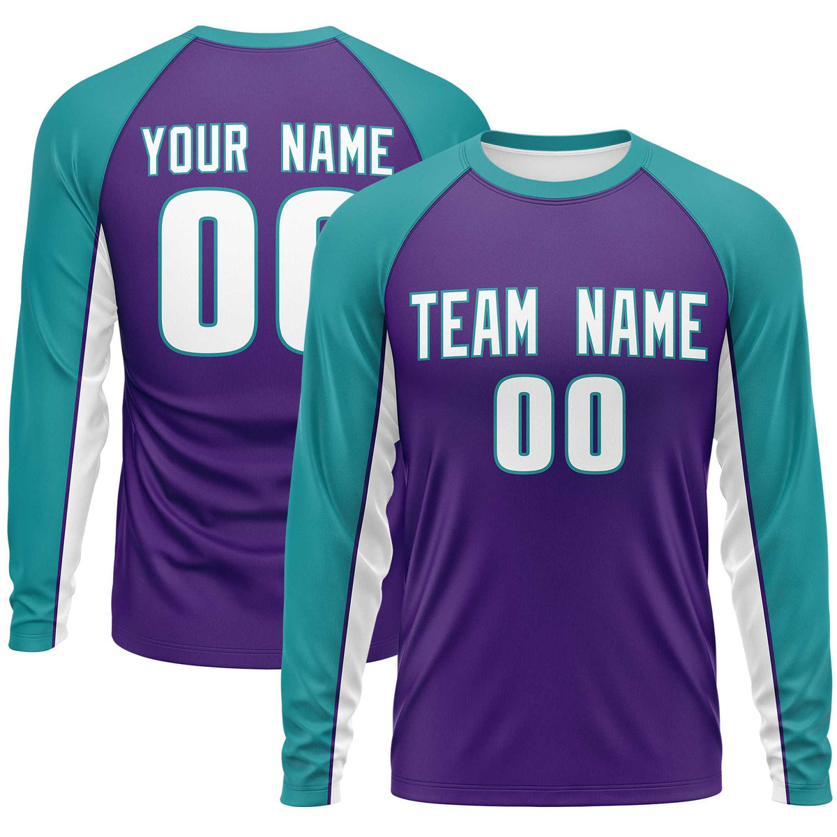 Custom Purple Aqua Crew Neck Raglan Long Sleeve Performance T-Shirt | KXKSHOP