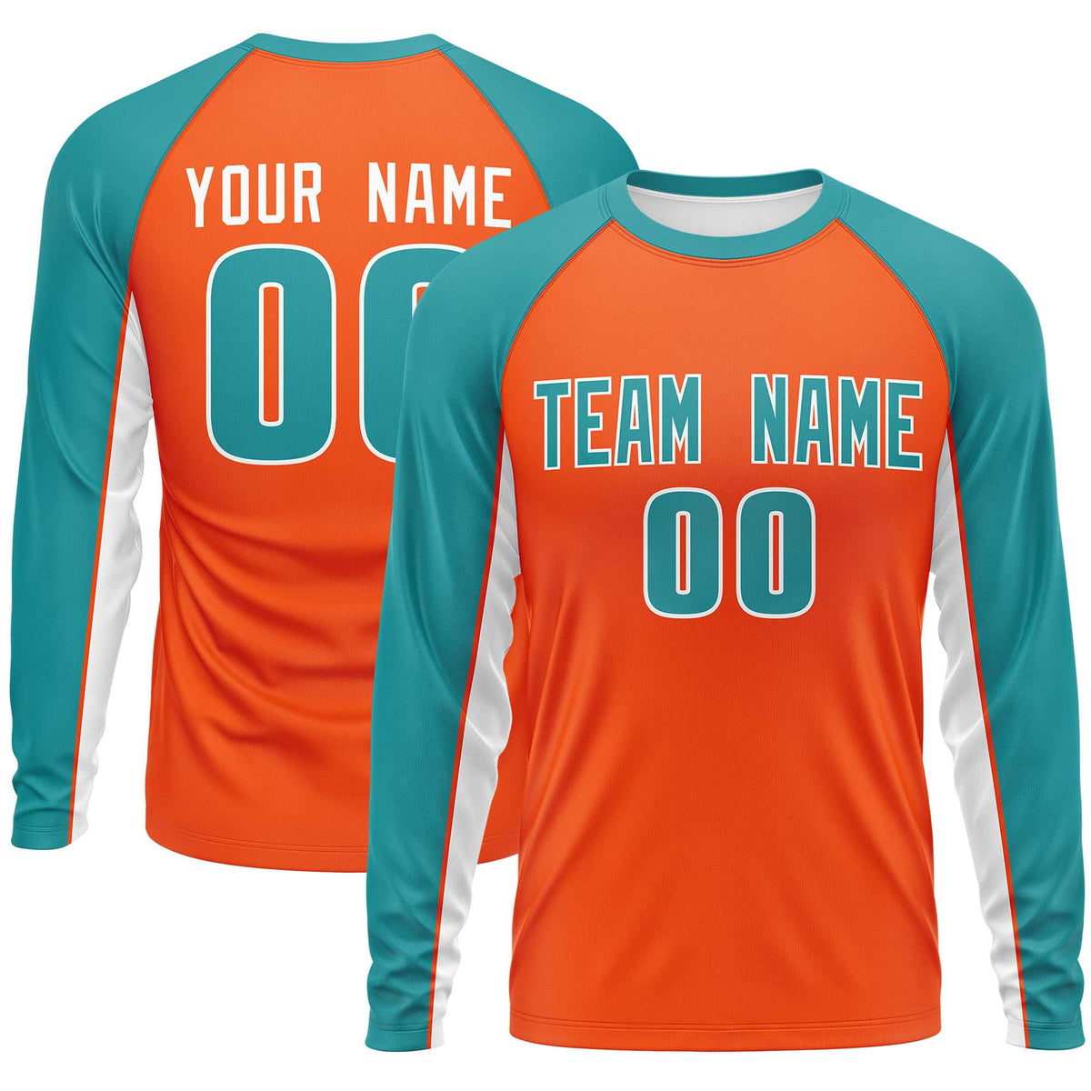 Custom Orange Aqua Crew Neck Raglan Long Sleeve Performance T-Shirt | KXKSHOP