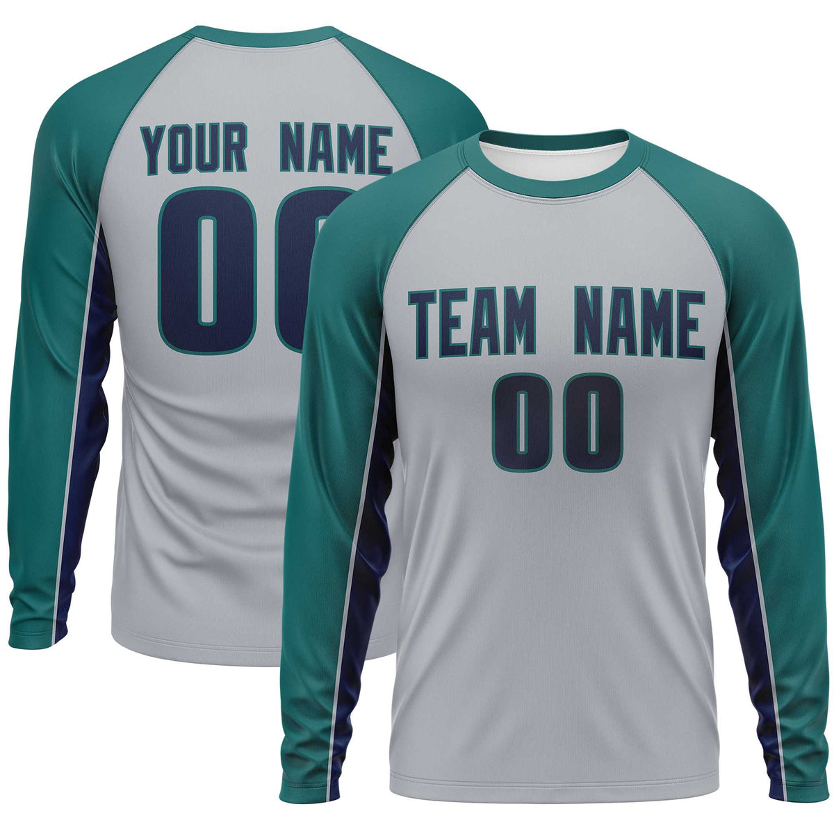 Custom Gray Aqua Crew Neck Raglan Long Sleeve Performance T-Shirt | KXKSHOP