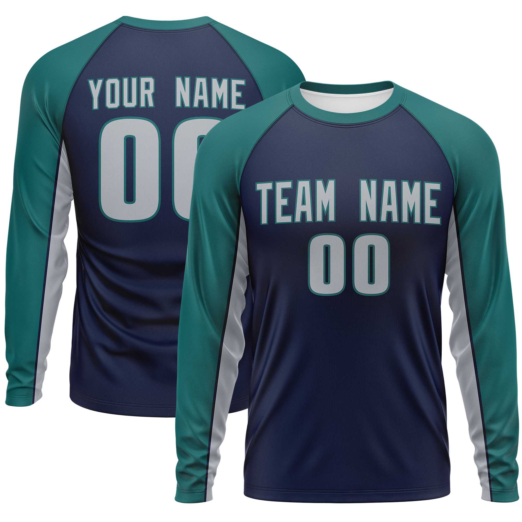Custom Navy Aqua Crew Neck Raglan Long Sleeve Performance T-Shirt | KXKSHOP