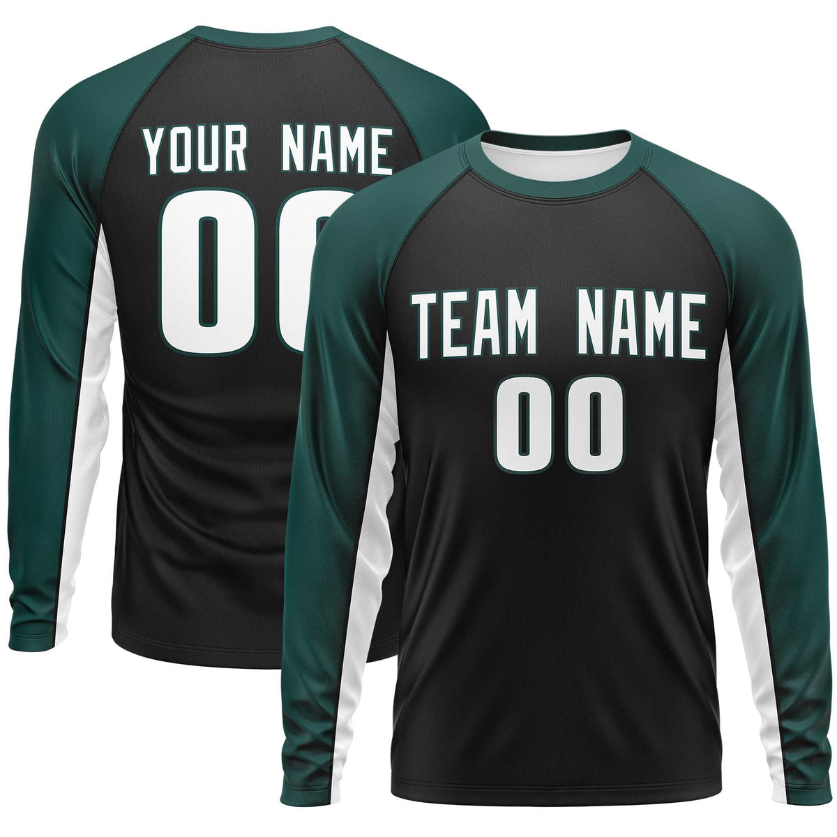 Custom Black Midnight Green Crew Neck Raglan Long Sleeve Performance T-Shirt | KXKSHOP