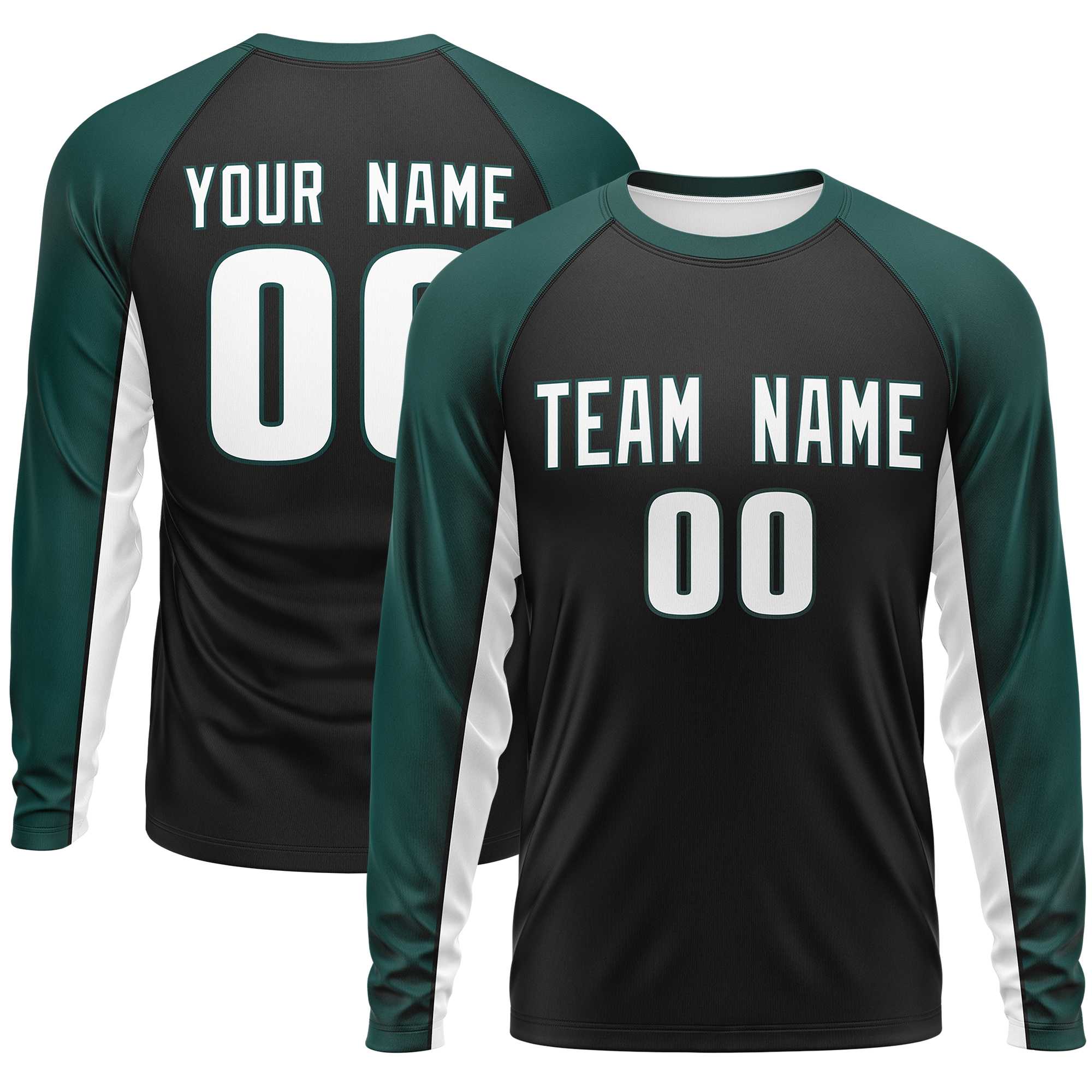 Custom Black Midnight Green Crew Neck Raglan Long Sleeve Performance T-Shirt | KXKSHOP