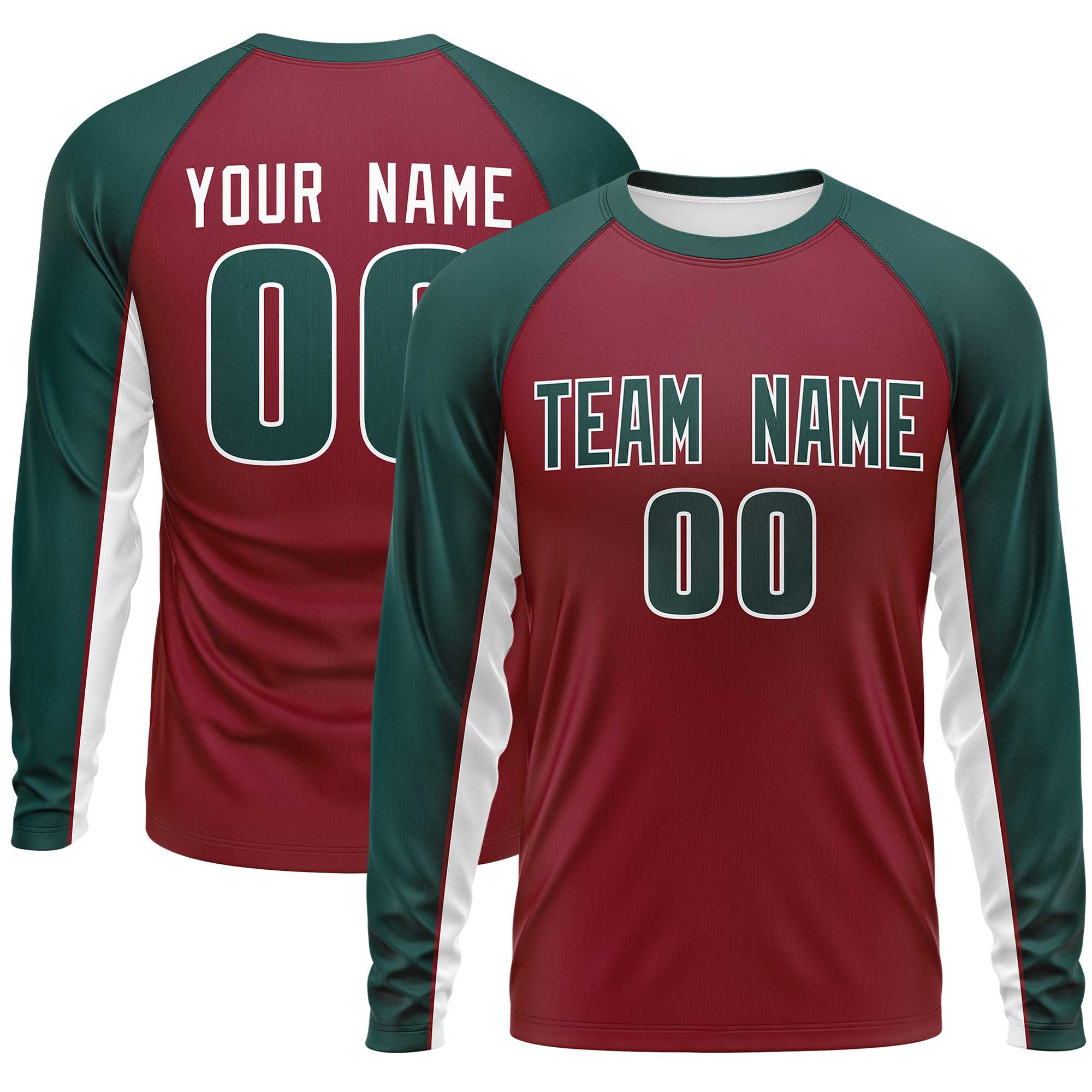 Custom Crimson Midnight Green Crew Neck Raglan Long Sleeve Performance T-Shirt | KXKSHOP