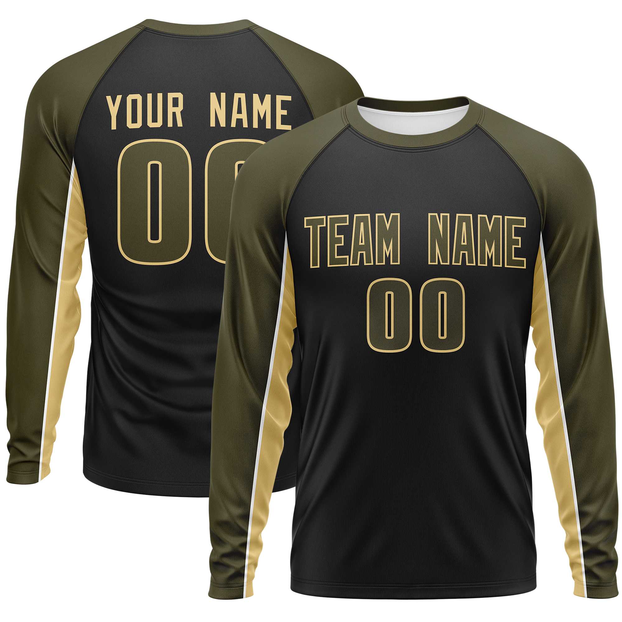 Custom Black Olive Crew Neck Raglan Long Sleeve Performance T-Shirt | KXKSHOP