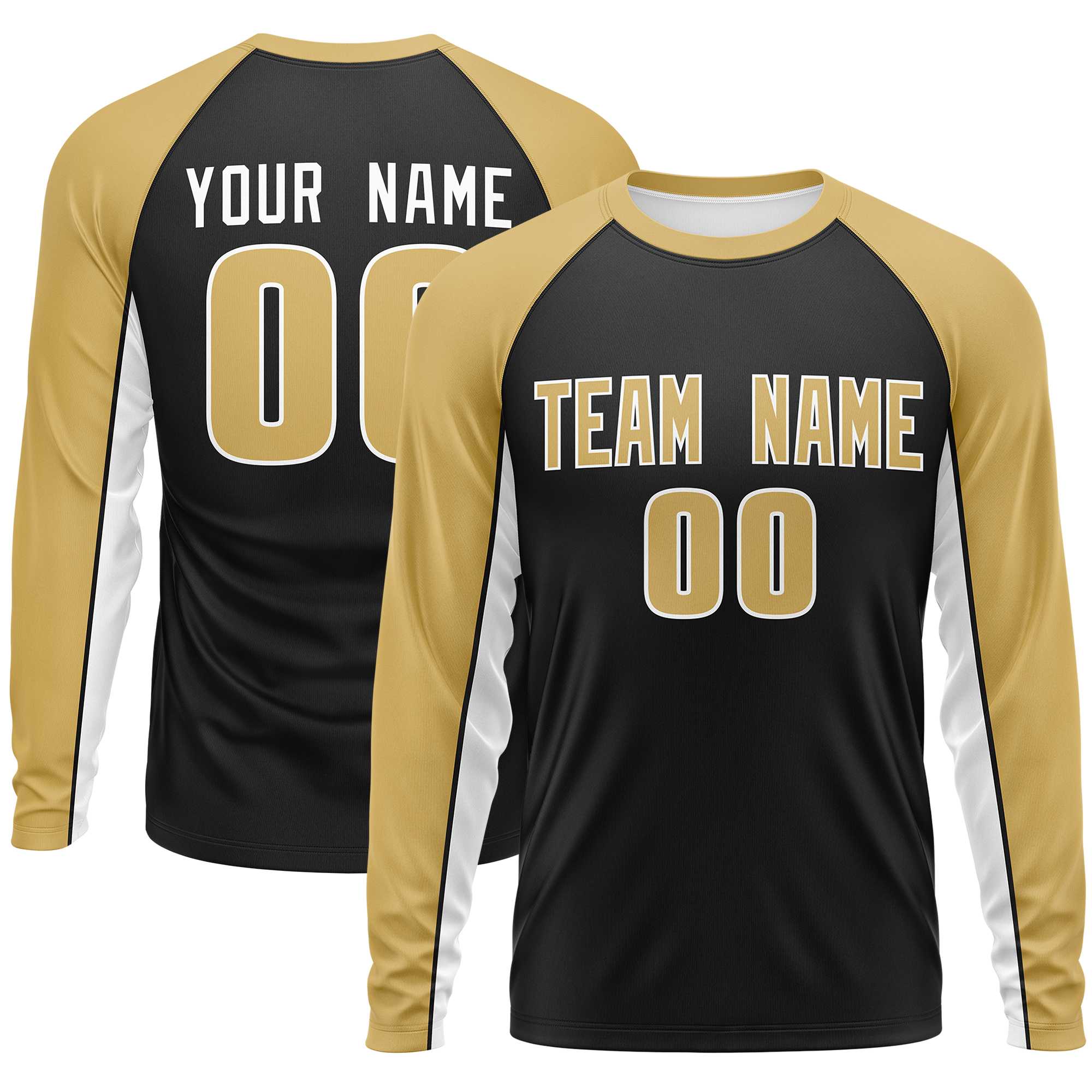 Custom Black Old Gold Crew Neck Raglan Long Sleeve Performance T-Shirt | KXKSHOP