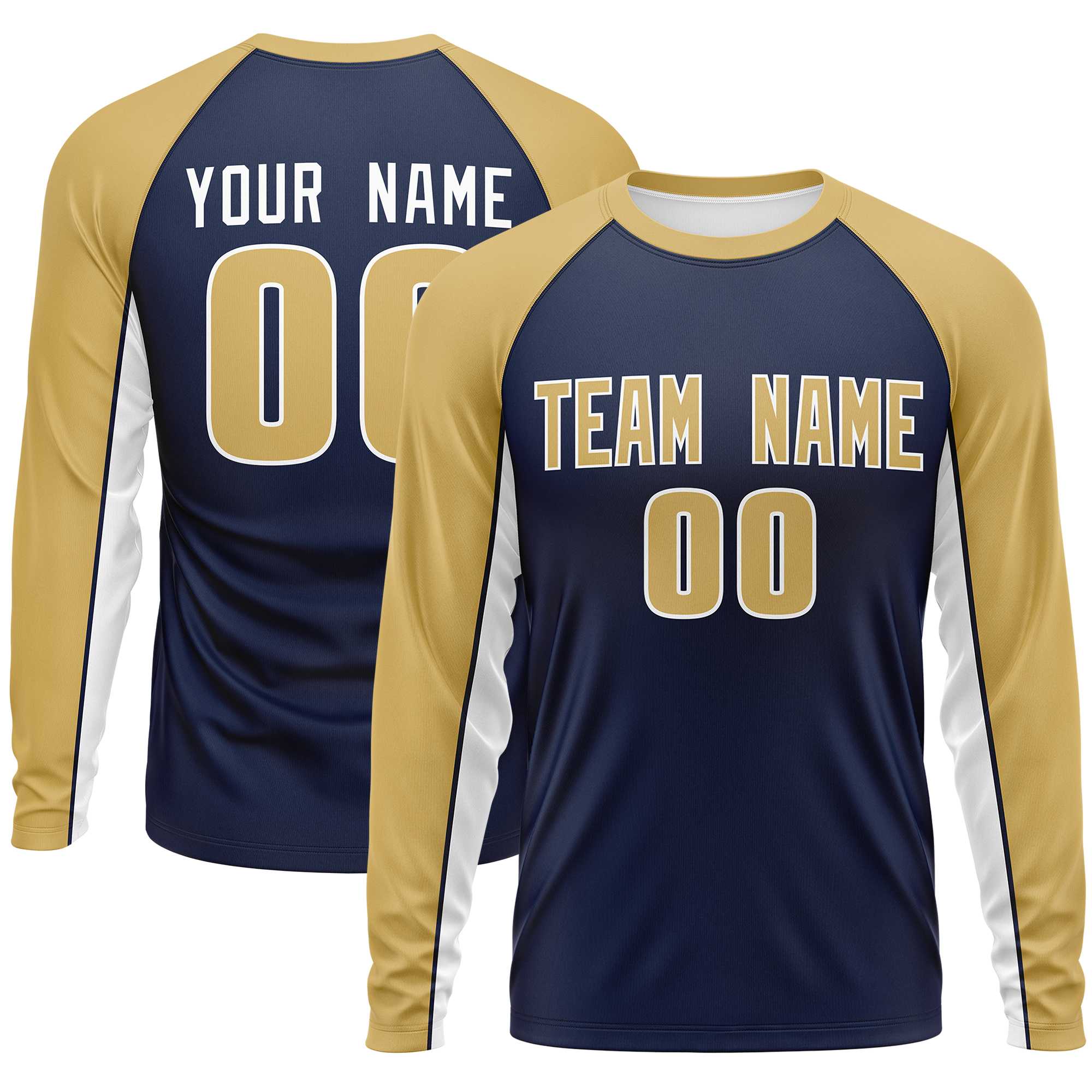 Custom Navy Old Gold Crew Neck Raglan Long Sleeve Performance T-Shirt | KXKSHOP