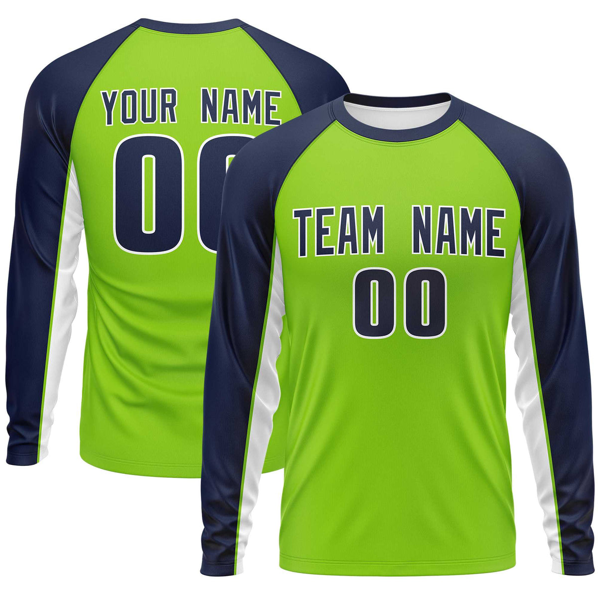 Custom Neon Green Navy Crew Neck Raglan Long Sleeve Performance T-Shirt | KXKSHOP