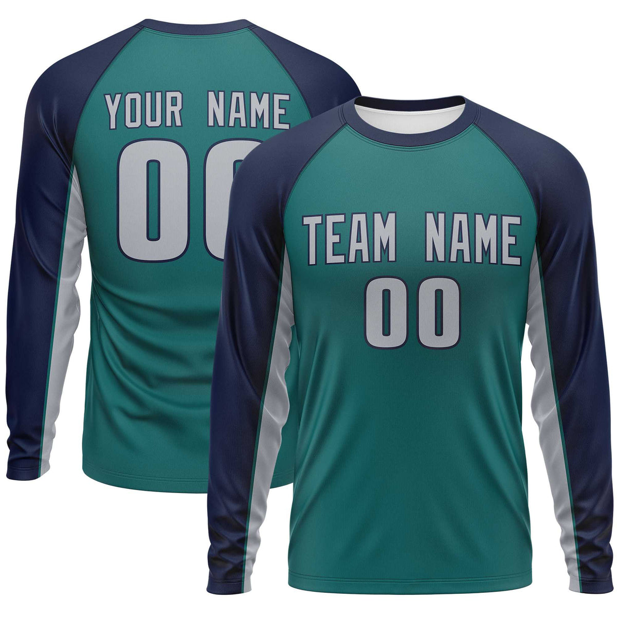 Custom Aqua Navy Crew Neck Raglan Long Sleeve Performance T-Shirt | KXKSHOP