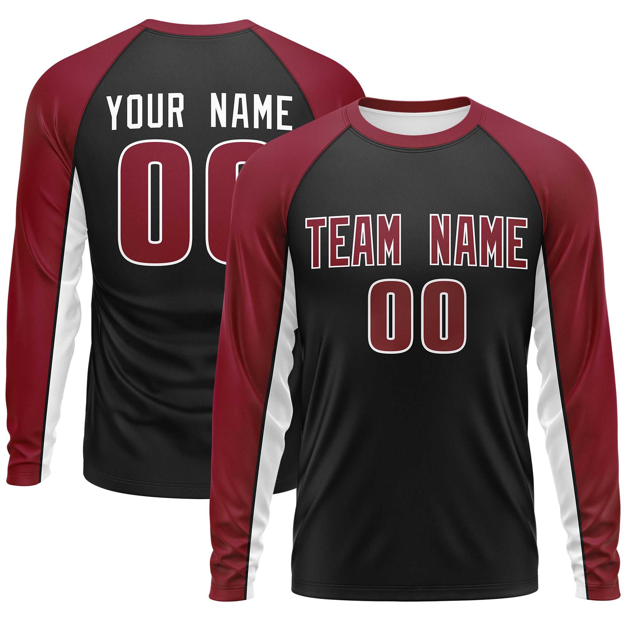 Custom Black Crimson Crew Neck Raglan Long Sleeve Performance T-Shirt | KXKSHOP