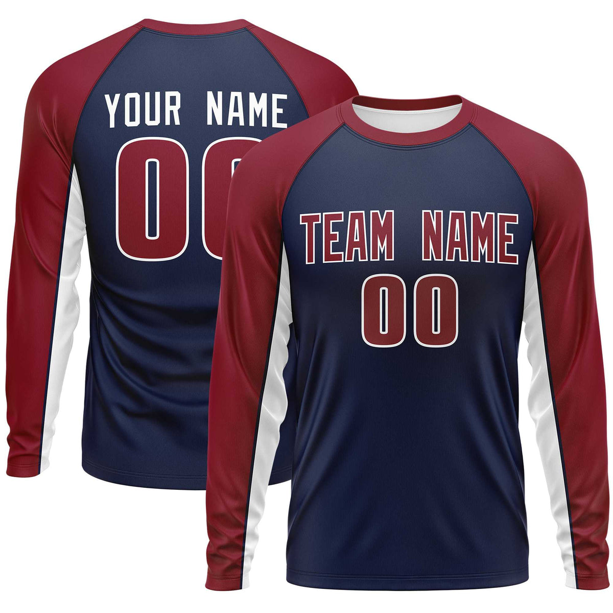 Custom Navy Crimson Crew Neck Raglan Long Sleeve Performance T-Shirt | KXKSHOP