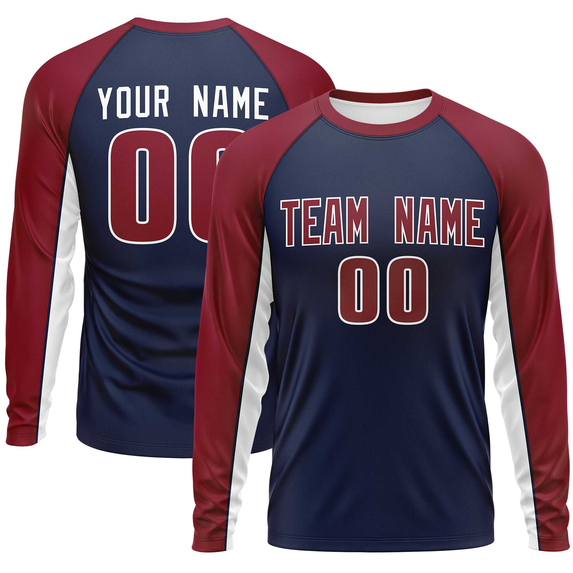 Custom Navy Crimson Crew Neck Raglan Long Sleeve Performance T-Shirt | KXKSHOP