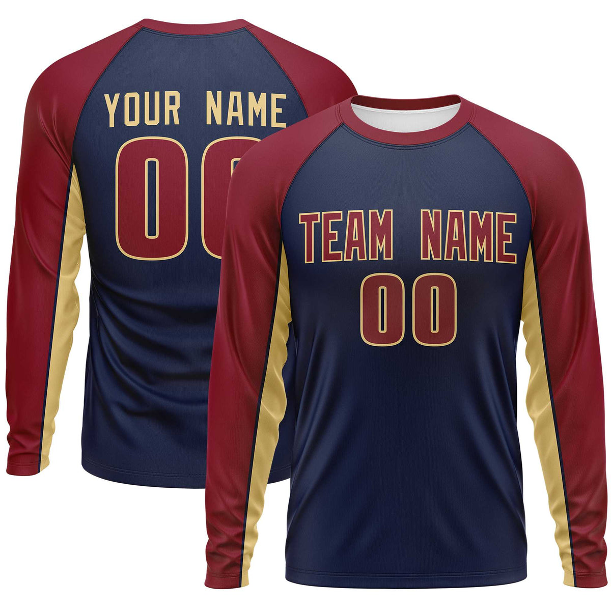 Custom Navy Crimson Crew Neck Raglan Long Sleeve Performance T-Shirt | KXKSHOP