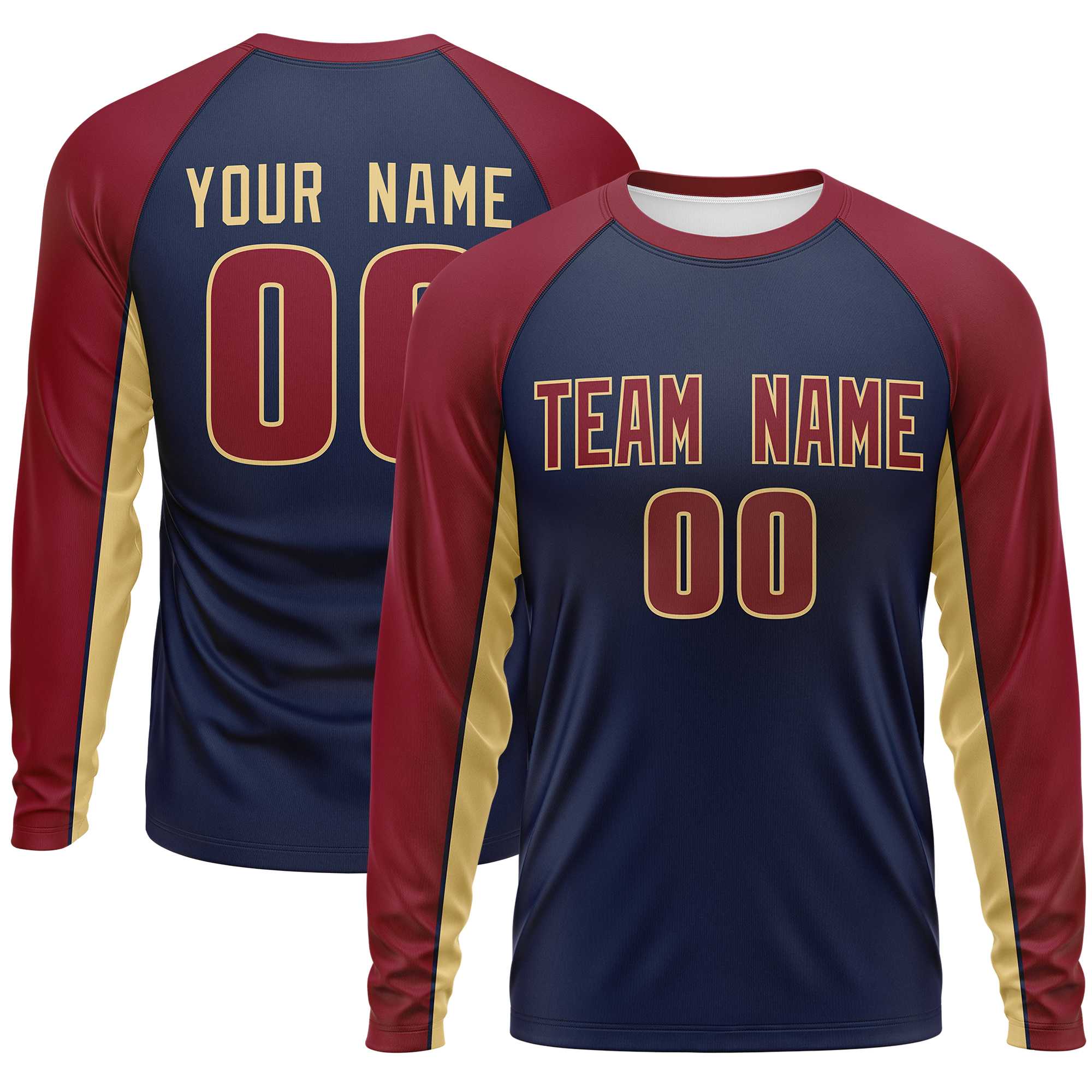 Custom Navy Crimson Crew Neck Raglan Long Sleeve Performance T-Shirt | KXKSHOP