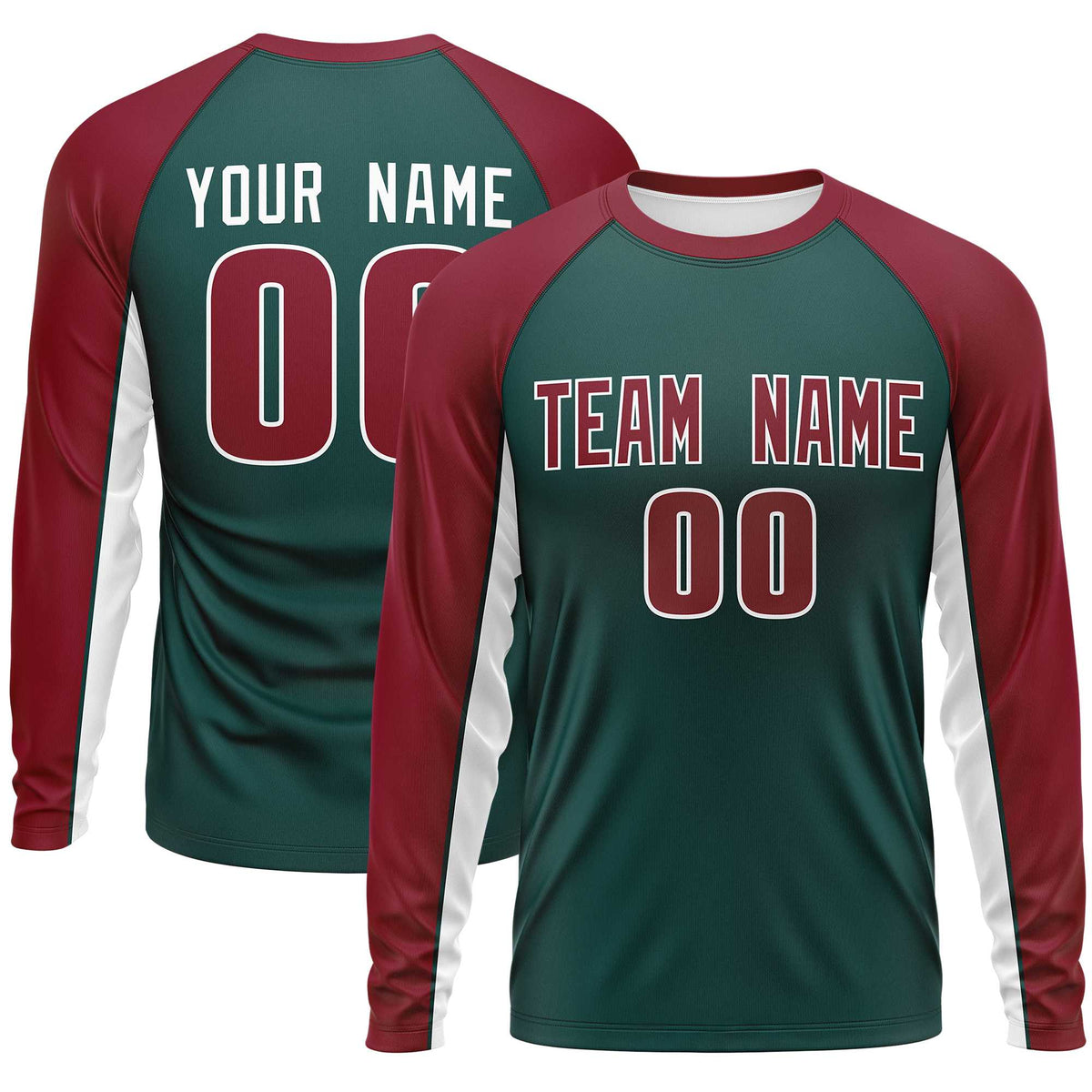 Custom Midnight Green Crimson Crew Neck Raglan Long Sleeve Performance T-Shirt | KXKSHOP