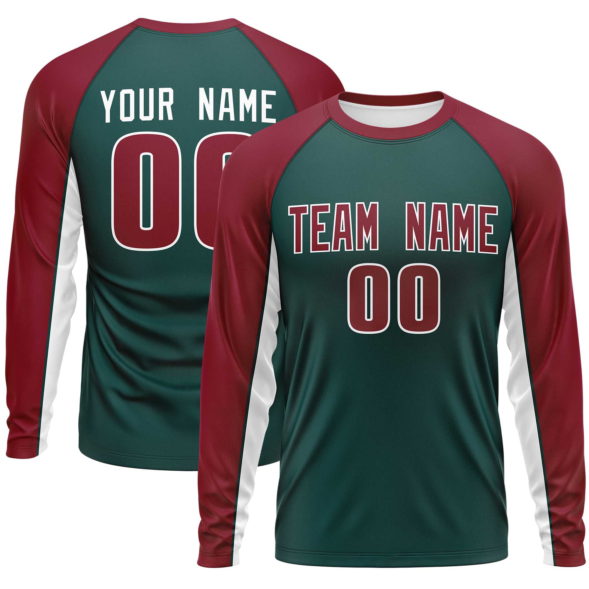 Custom Midnight Green Crimson Crew Neck Raglan Long Sleeve Performance T-Shirt | KXKSHOP