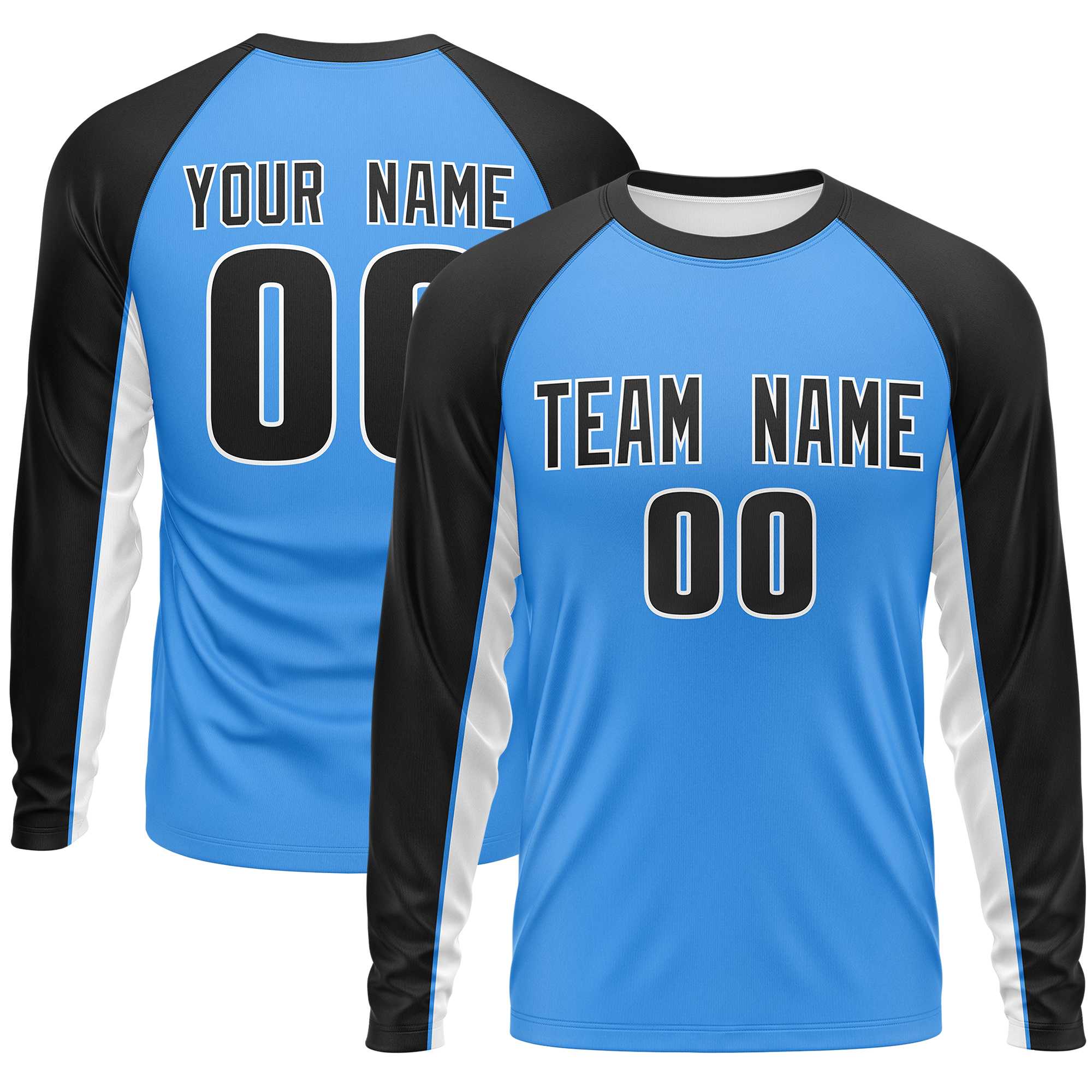 Custom Powder Blue Black Crew Neck Raglan Long Sleeve Performance T-Shirt | KXKSHOP