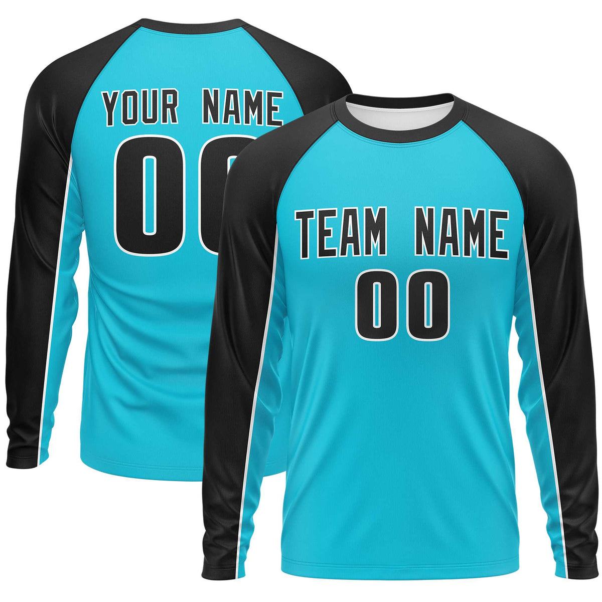 Custom Sky Blue Black Crew Neck Raglan Long Sleeve Performance T-Shirt | KXKSHOP