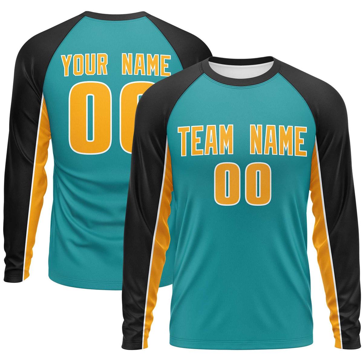 Custom Aqua Black Crew Neck Raglan Long Sleeve Performance T-Shirt | KXKSHOP