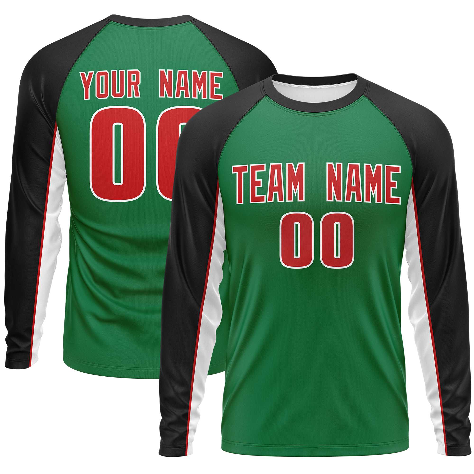 Custom Kelly Green Black Crew Neck Raglan Long Sleeve Performance T-Shirt | KXKSHOP