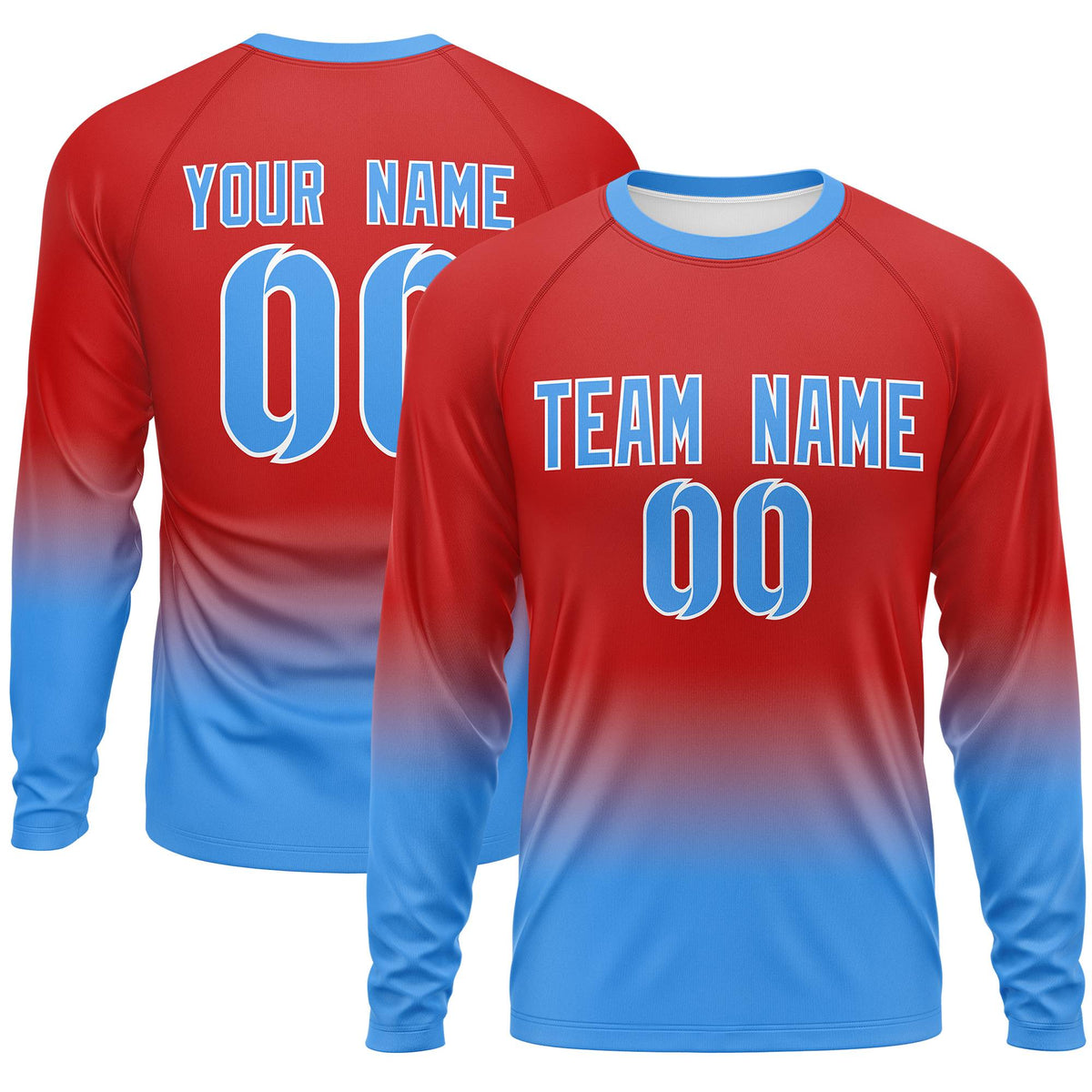 Custom Red-Powder Blue Gradient Fashion Design Long Sleeve Performance T-Shirt | KXKSHOP