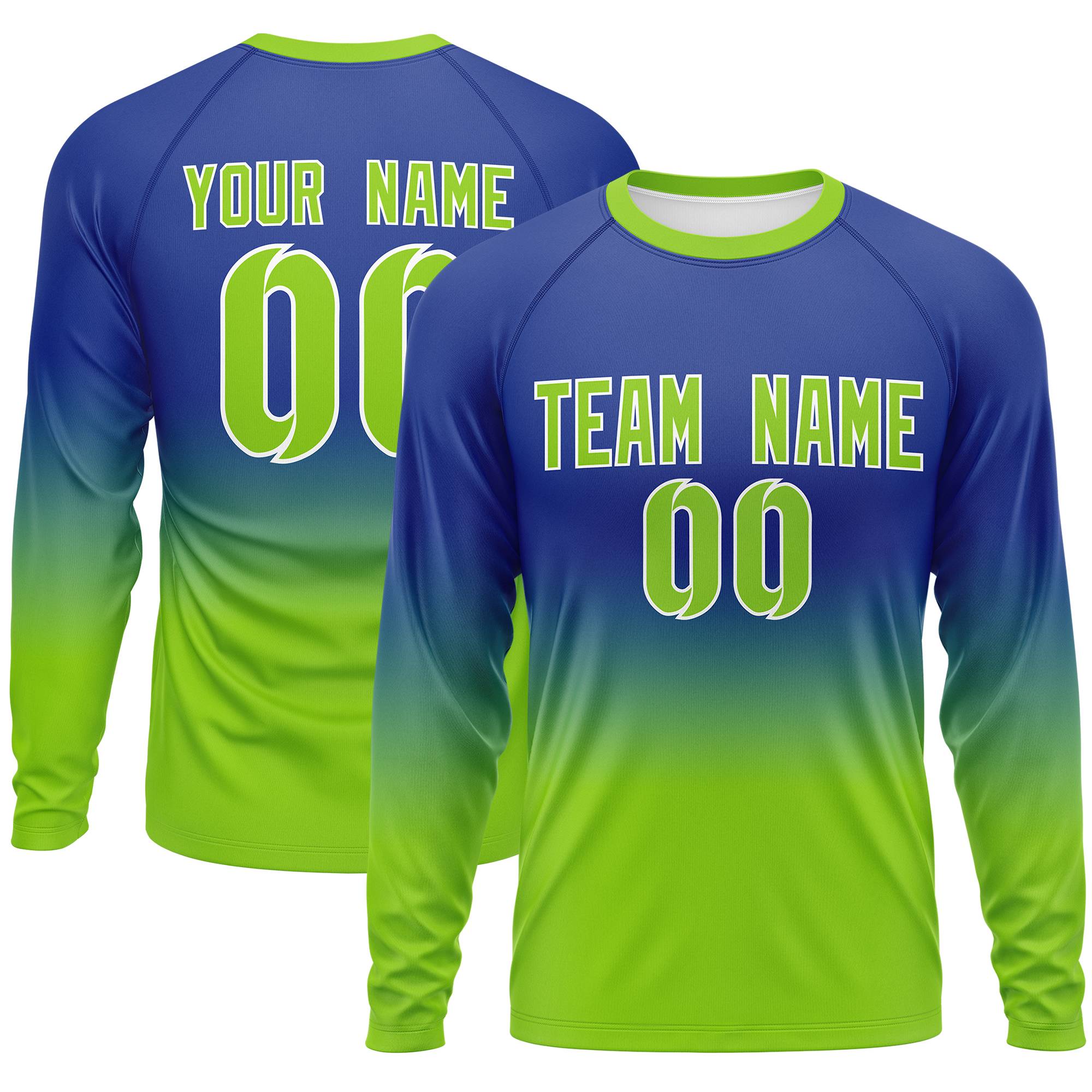 Custom Royal-Neon Green Gradient Fashion Design Long Sleeve Performance T-Shirt | KXKSHOP