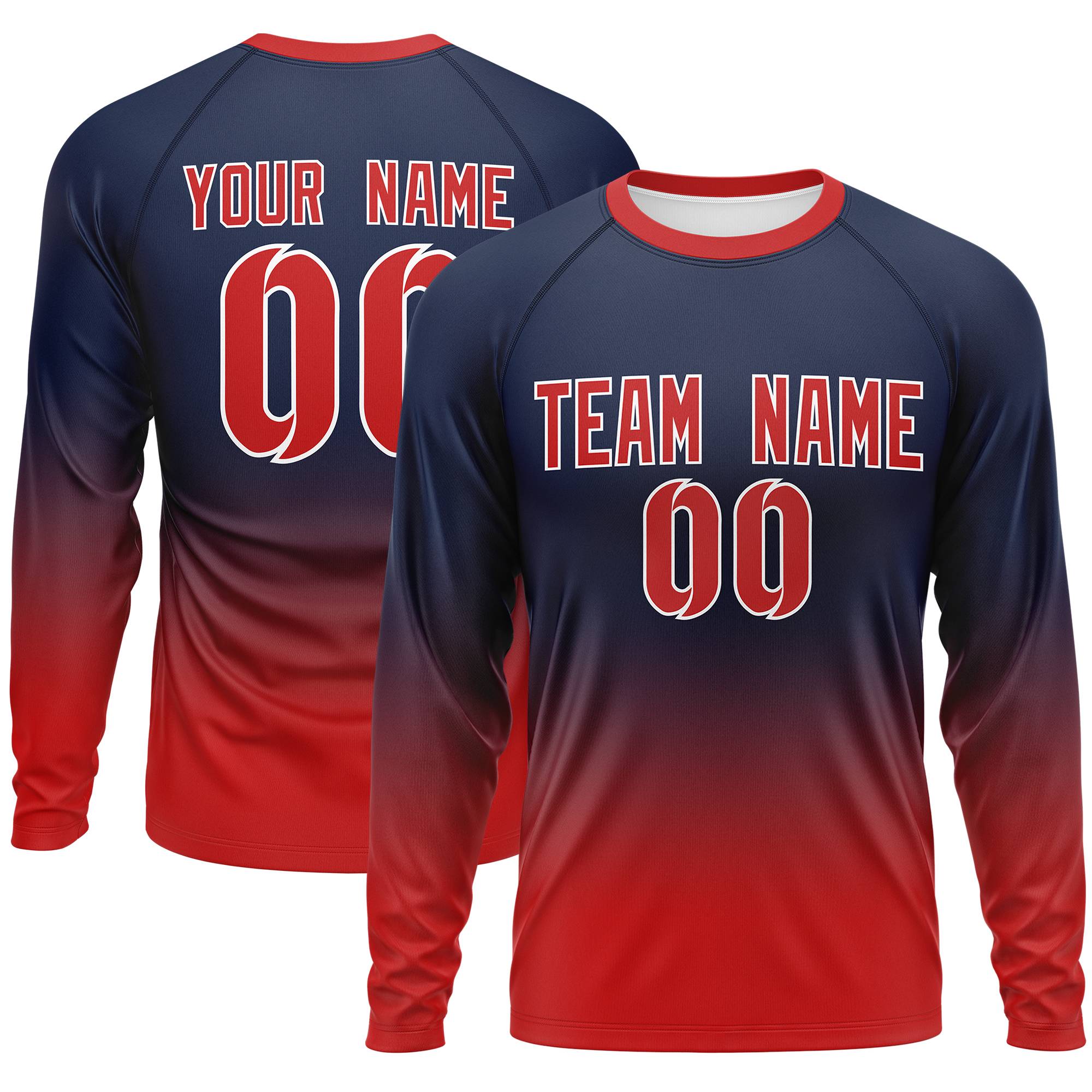 Custom Navy-Red Gradient Fashion Design Long Sleeve Performance T-Shirt | KXKSHOP