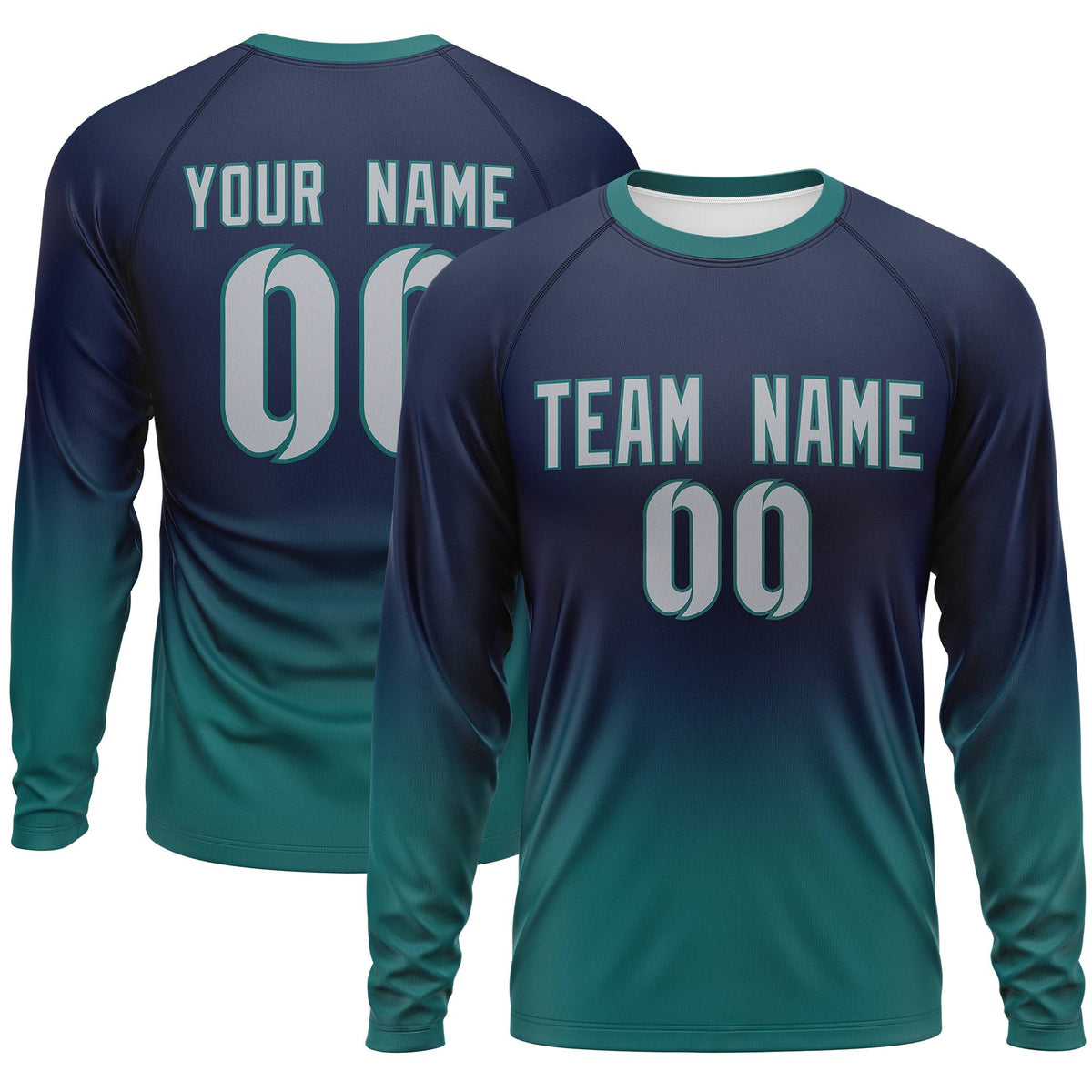 Custom Navy-Aqua Gradient Fashion Design Long Sleeve Performance T-Shirt | KXKSHOP