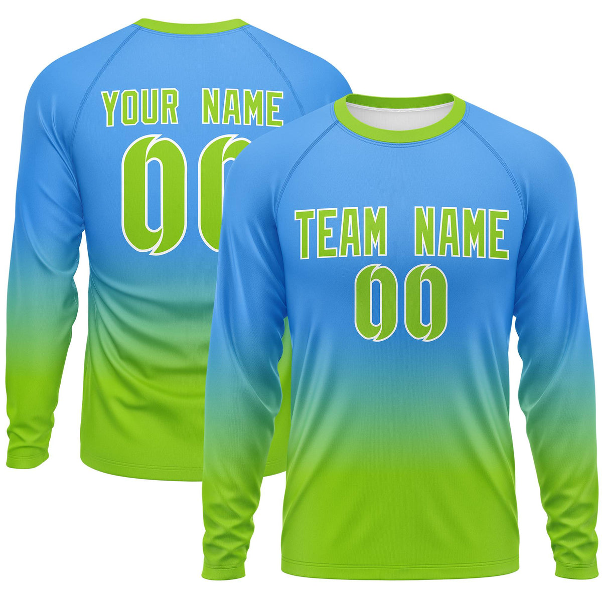 Custom Powder Blue-Neon Green Gradient Fashion Design Long Sleeve Performance T-Shirt | KXKSHOP