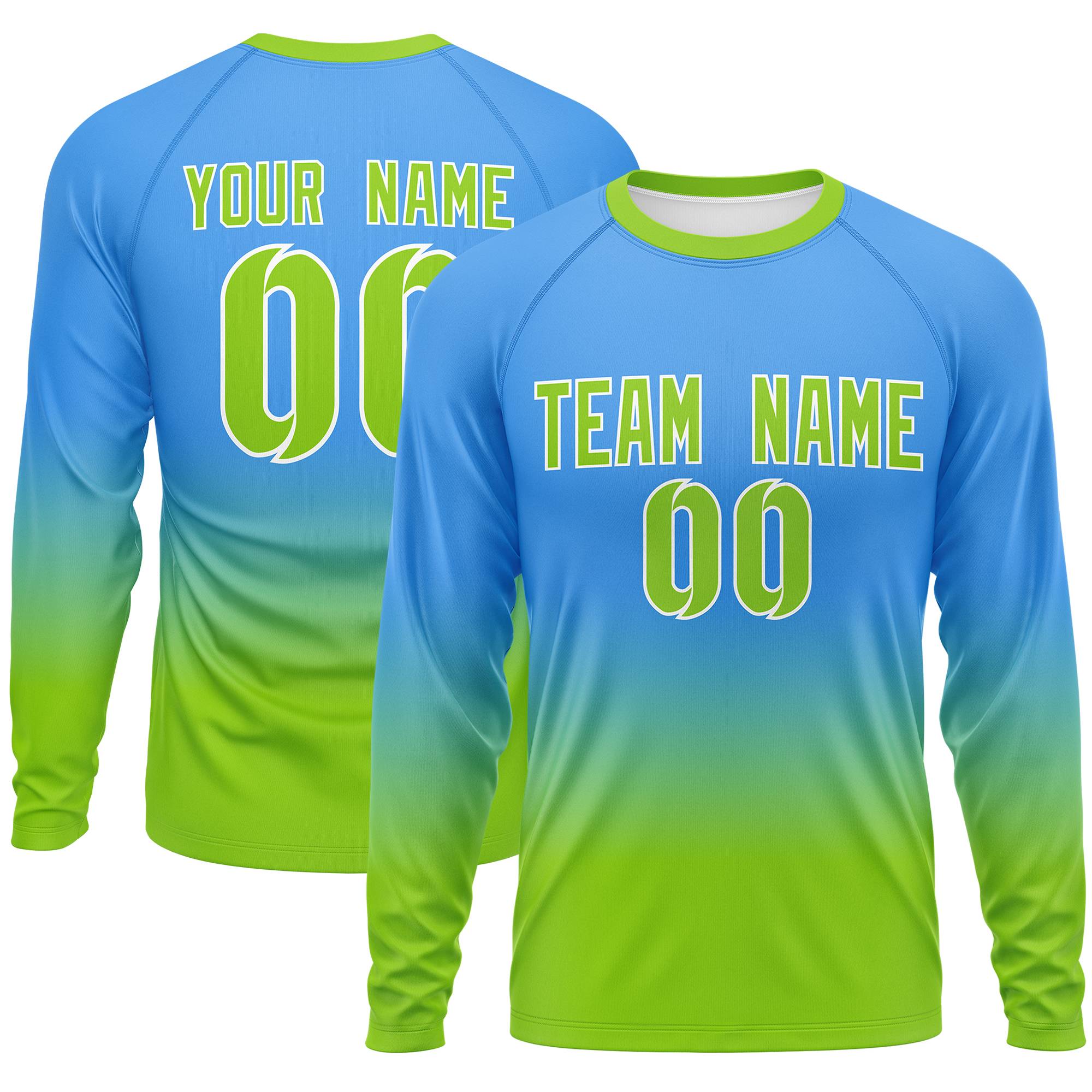 Custom Powder Blue-Neon Green Gradient Fashion Design Long Sleeve Performance T-Shirt | KXKSHOP