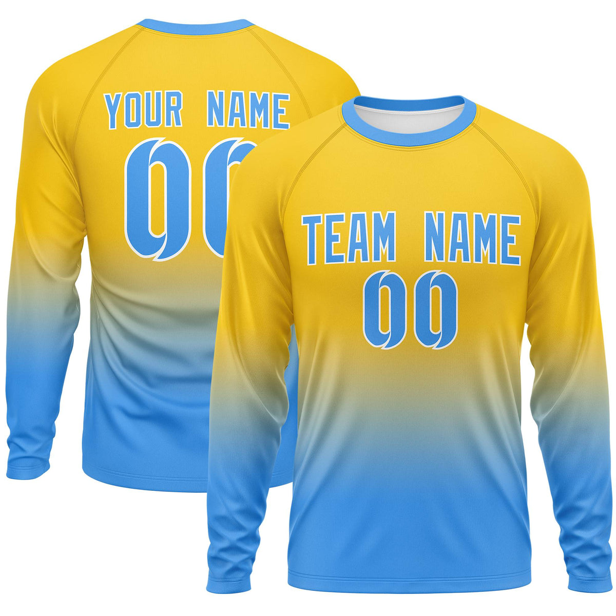 Custom Gold-Powder Blue Gradient Fashion Design Long Sleeve Performance T-Shirt | KXKSHOP