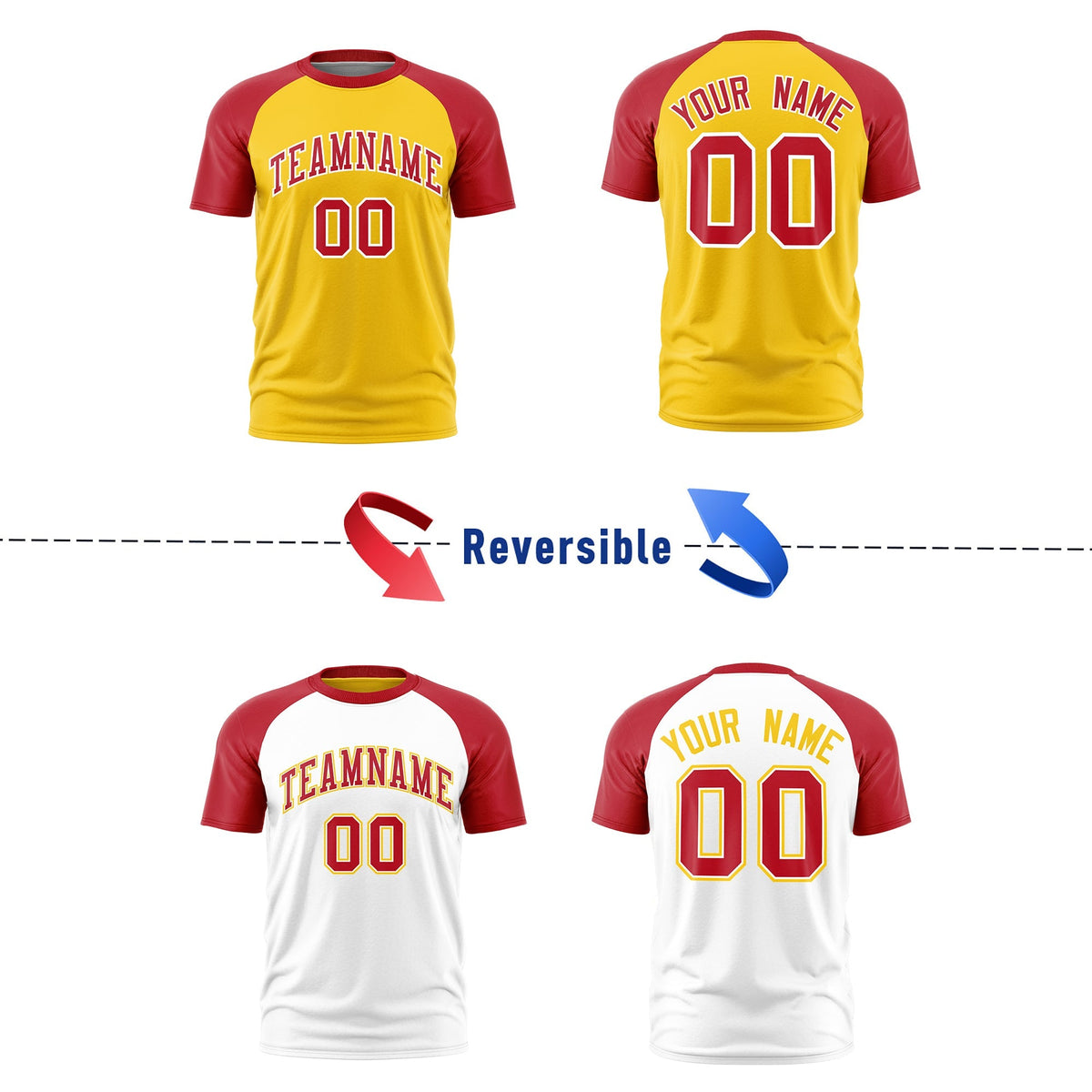 Custom Gold Red White Reversible Raglan Sleeves Moisture-Wicking T-shirt| KXKSHOP