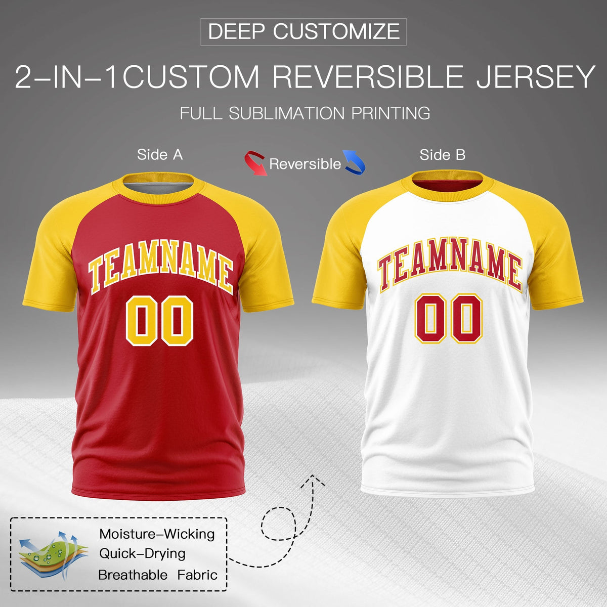 Custom Red Gold White Reversible Raglan Sleeves Moisture-Wicking T-shirt| KXKSHOP