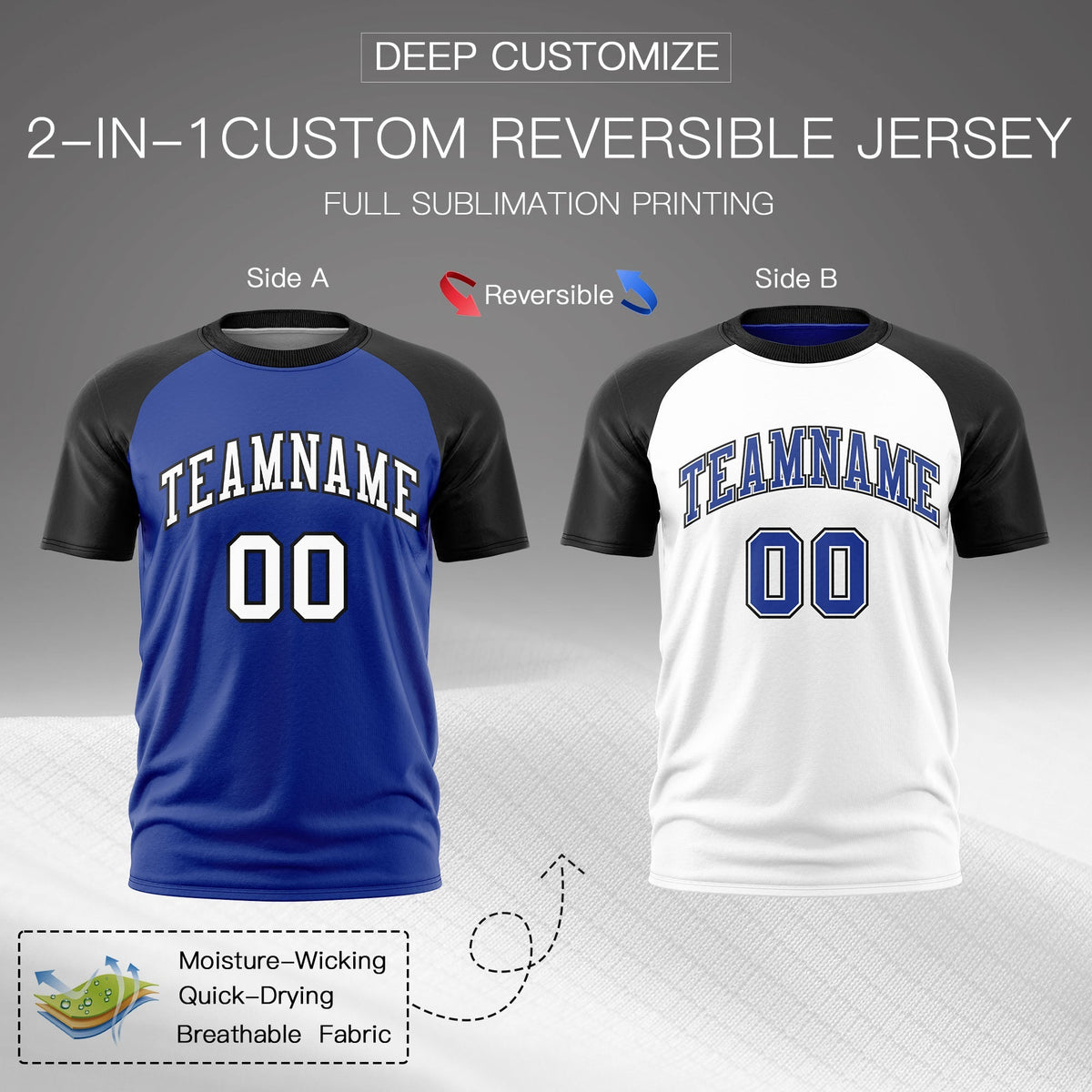 Custom Royal Blue Black White Reversible Raglan Sleeves Moisture-Wicking T-shirt| KXKSHOP