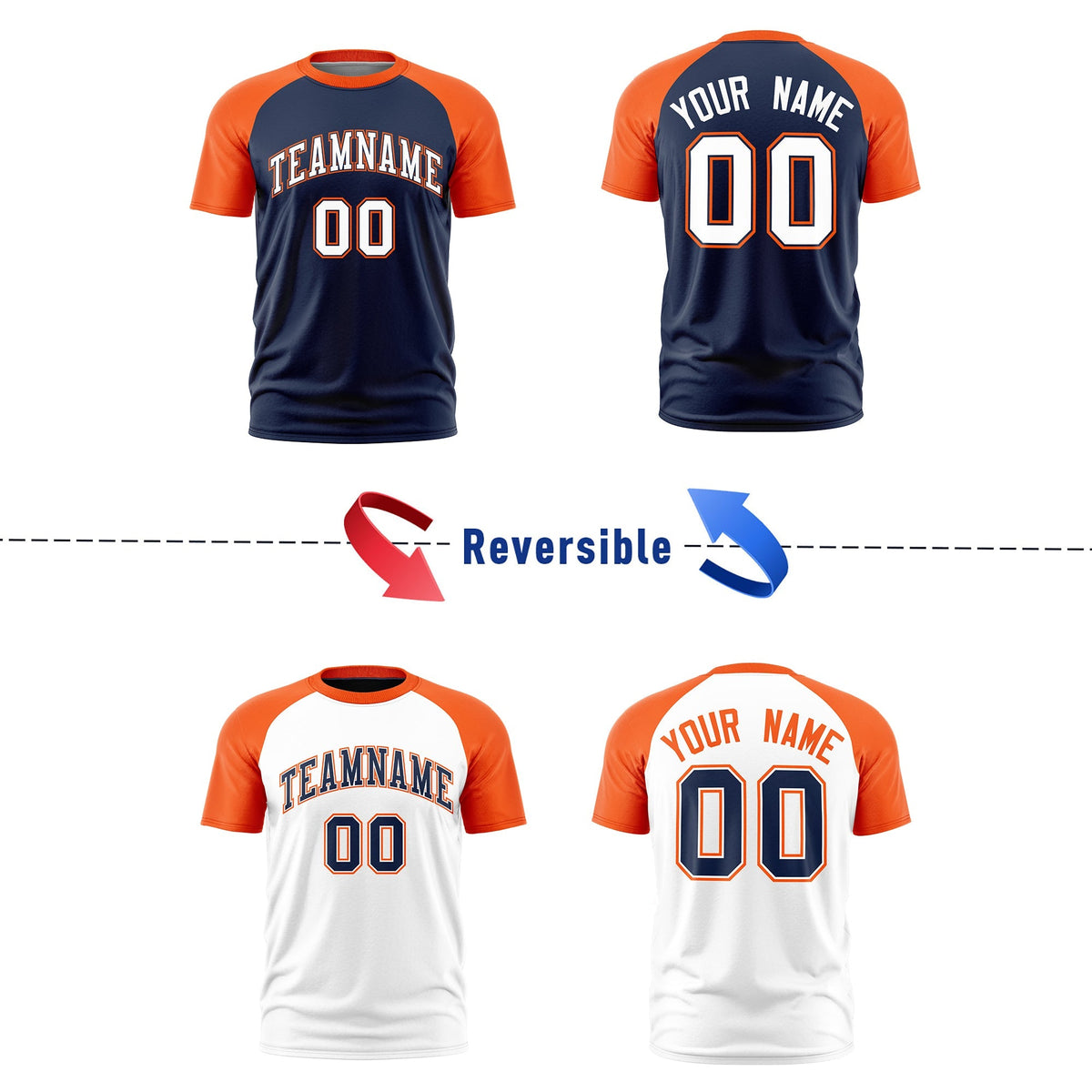 Custom Navy Orange White Reversible Raglan Sleeves Moisture-Wicking T-shirt| KXKSHOP