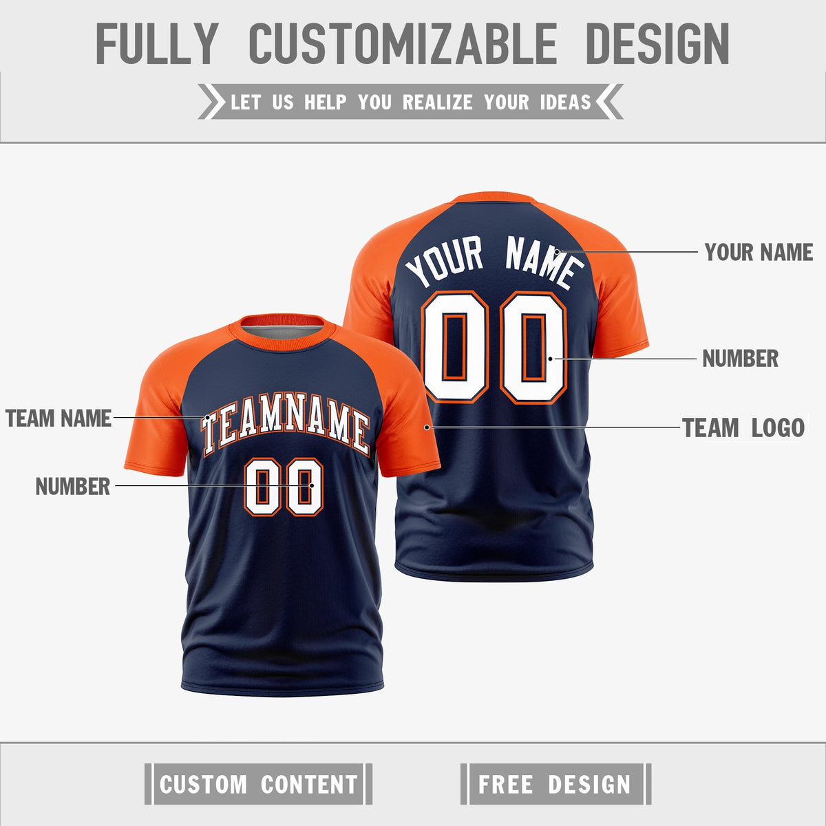 Custom Navy Orange White Reversible Raglan Sleeves Moisture-Wicking T-shirt| KXKSHOP