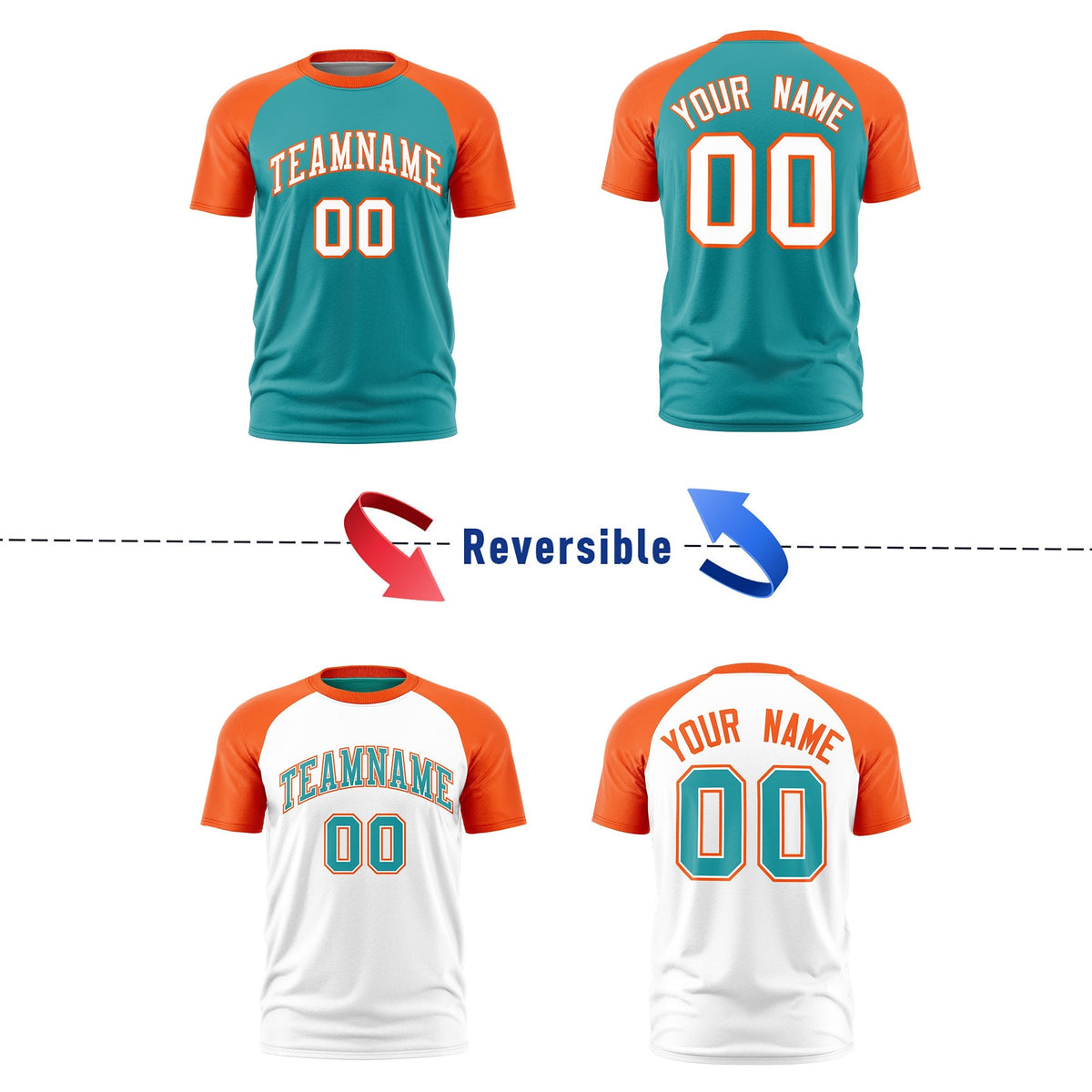 Custom Aqua Orange White Reversible Raglan Sleeves Quick Dry T-shirt| KXKSHOP